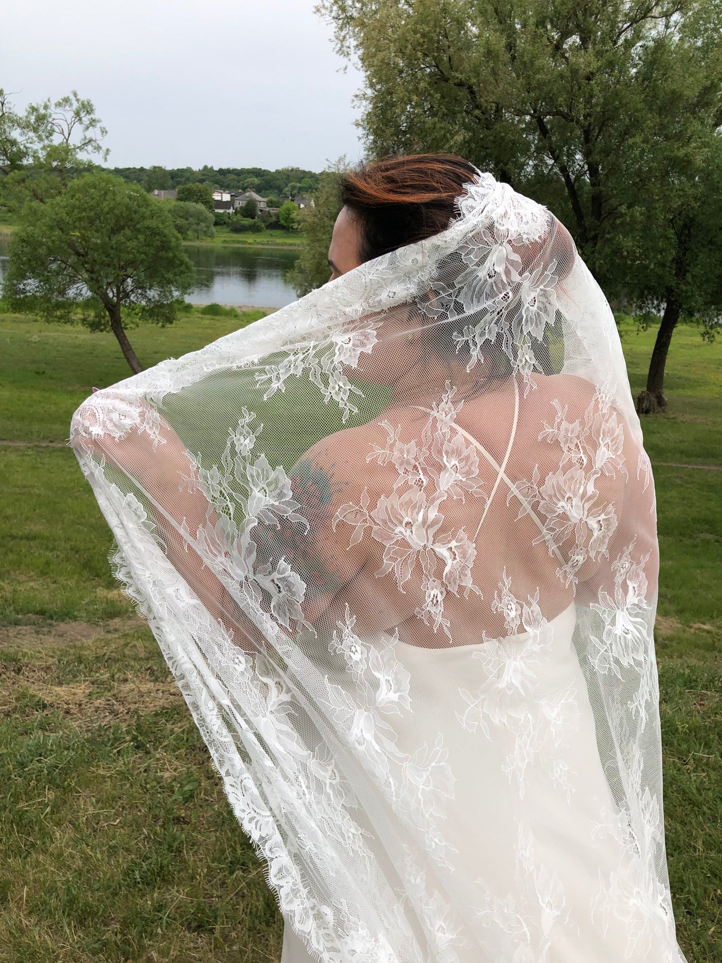 Cathedral full lace mantilla bridal veil, light ivory, floral Chantilly lace trim