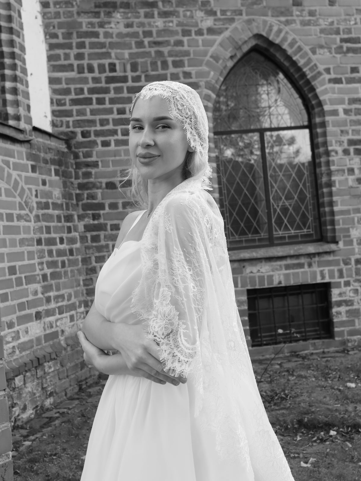 The Gabija Veil – Full Lace Juliet Cap Veil with Chantilly Lace Edge, Long Bridal Veil, Ivory