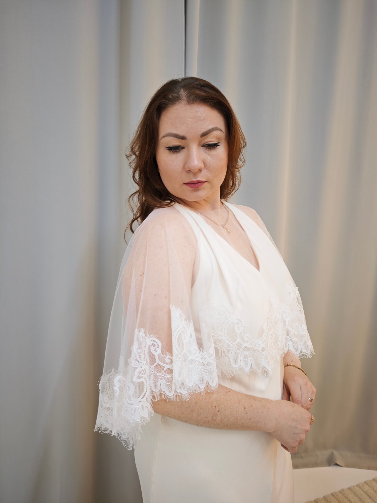 Chantilly lace wedding cape in ivory, handcrafted, lace trim detail