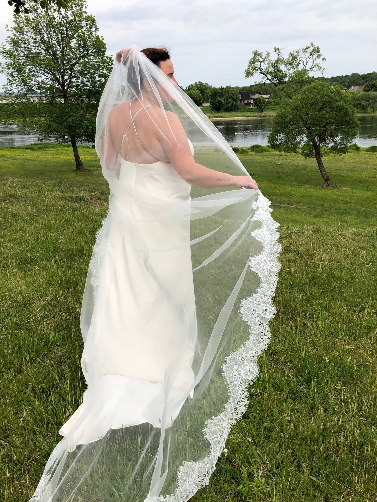 Cathedral Length Lace Edge Veil – Single Tier Bridal Veil, Light Ivory, Handmade Wedding Veil
