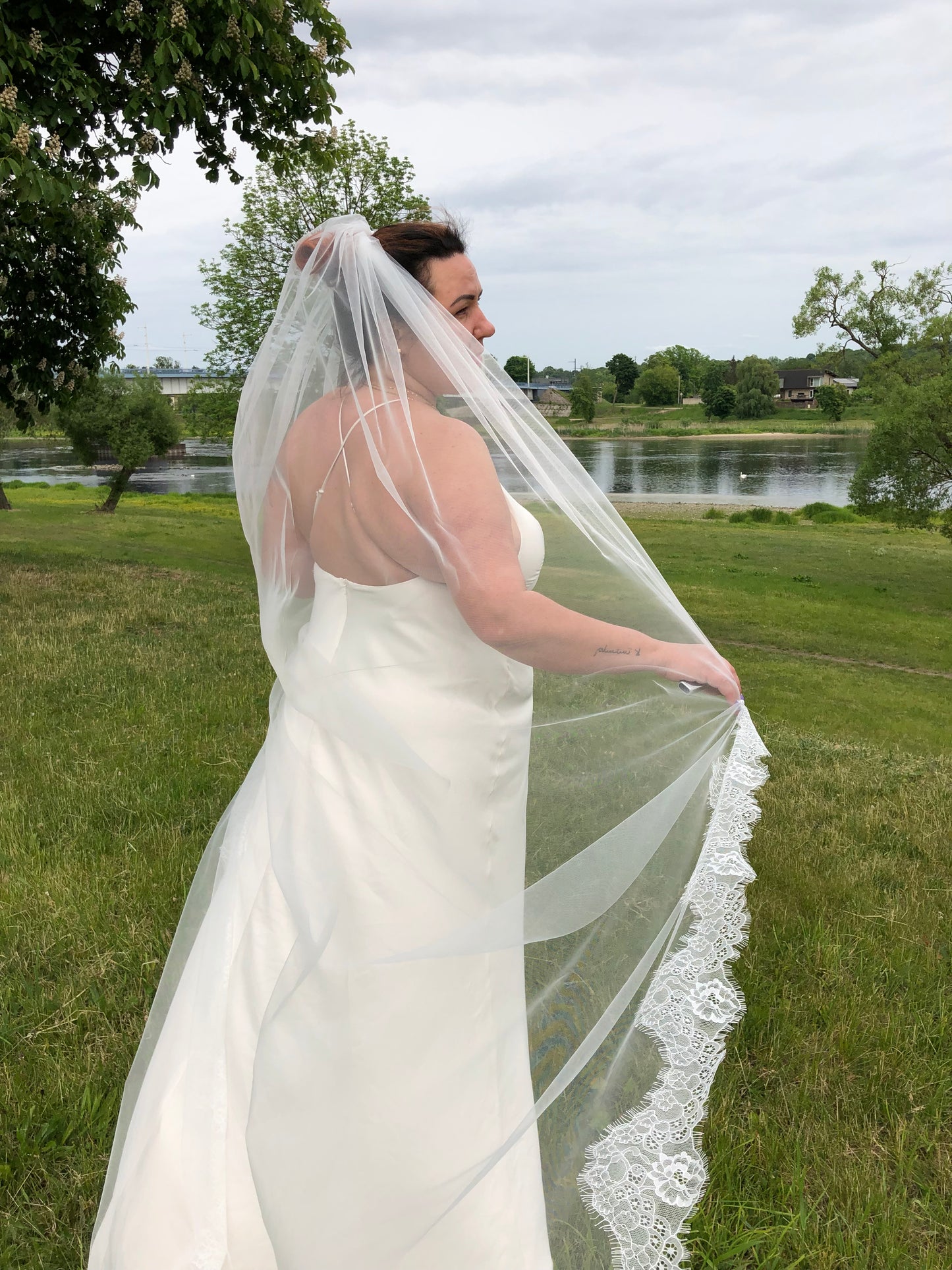 Cathedral Length Lace Edge Veil – Single Tier Bridal Veil, Light Ivory, Handmade Wedding Veil