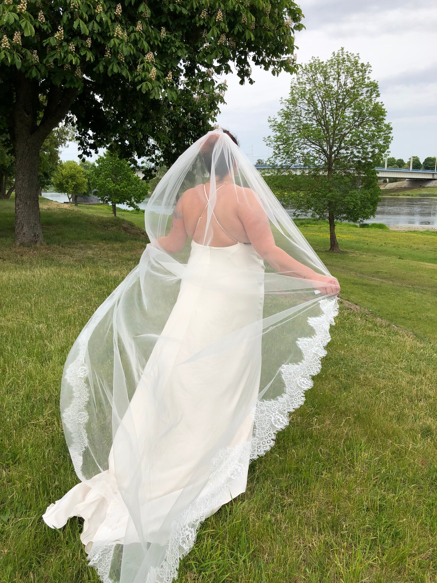 Cathedral Length Lace Edge Veil – Single Tier Bridal Veil, Light Ivory, Handmade Wedding Veil
