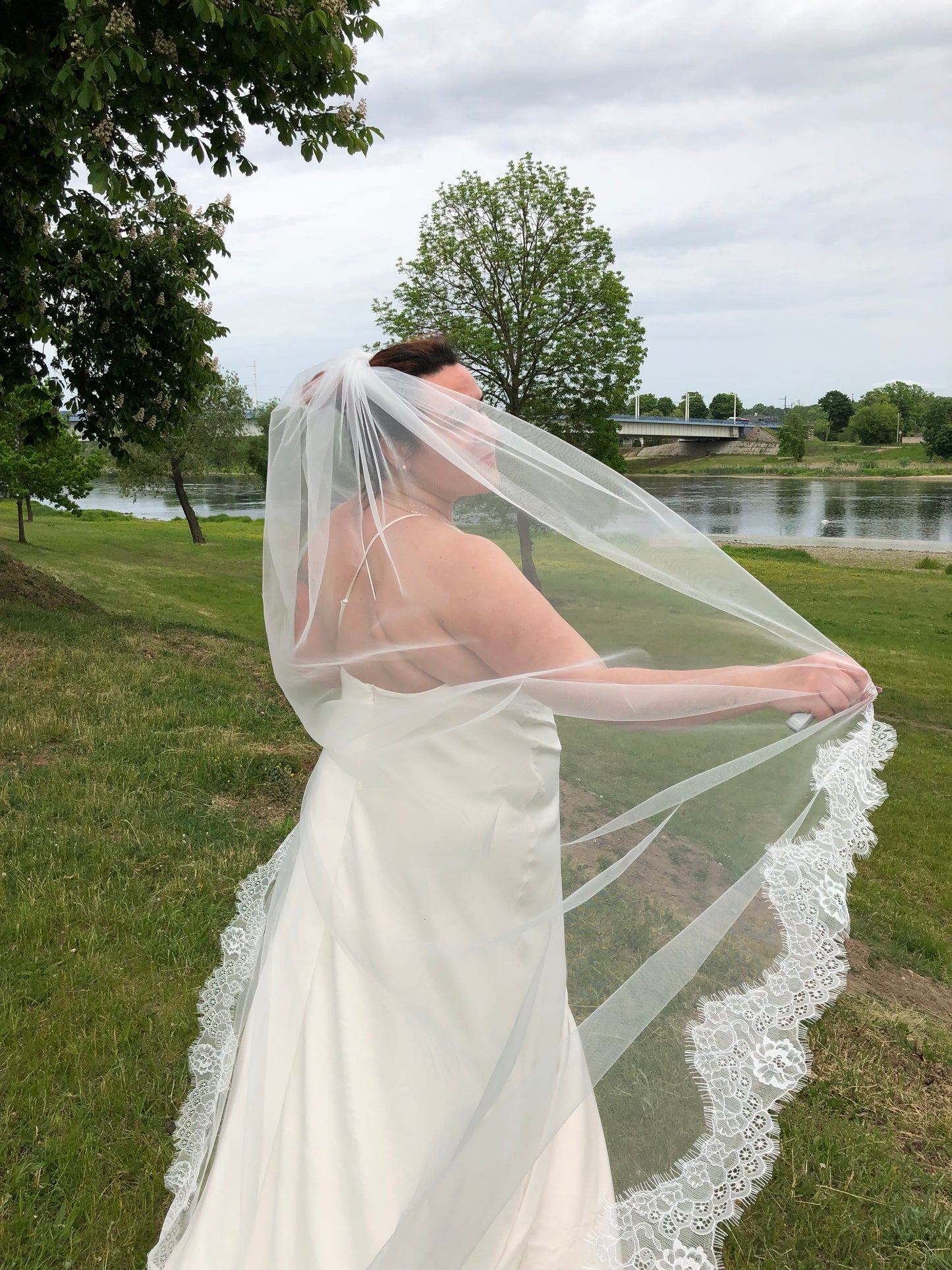 Cathedral Length Lace Edge Veil – Single Tier Bridal Veil, Light Ivory, Handmade Wedding Veil