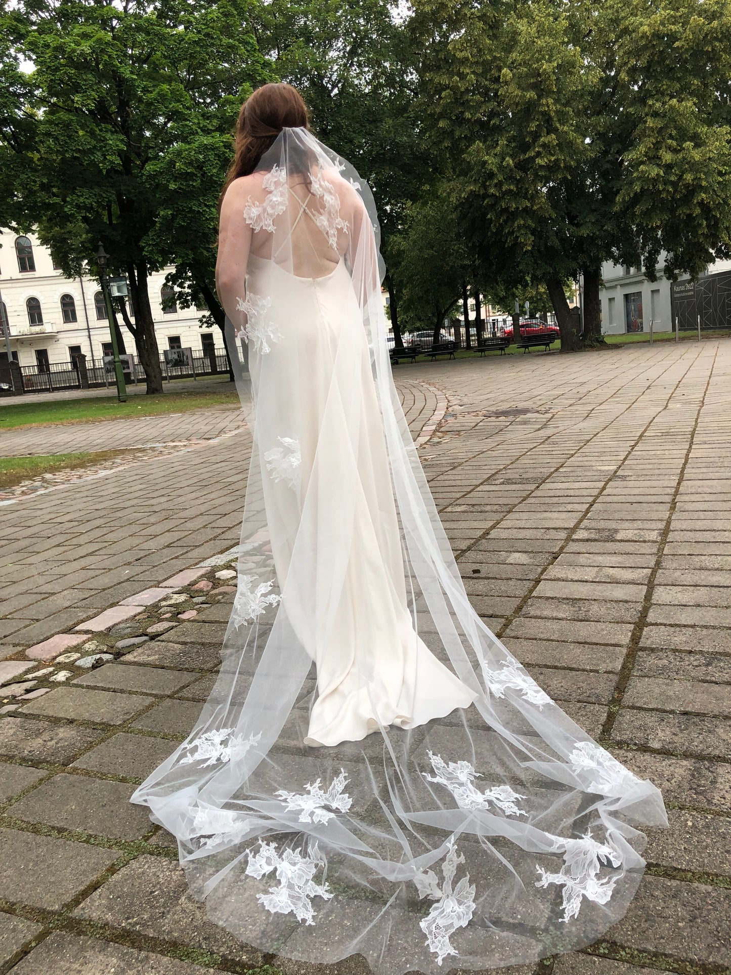 Heirloom Chantilly Lace Veil with Hand-Sewn Floral Appliques