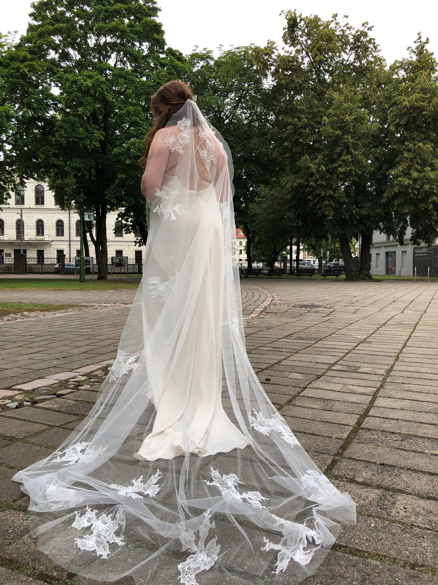 Heirloom Chantilly Lace Veil with Hand-Sewn Floral Appliques