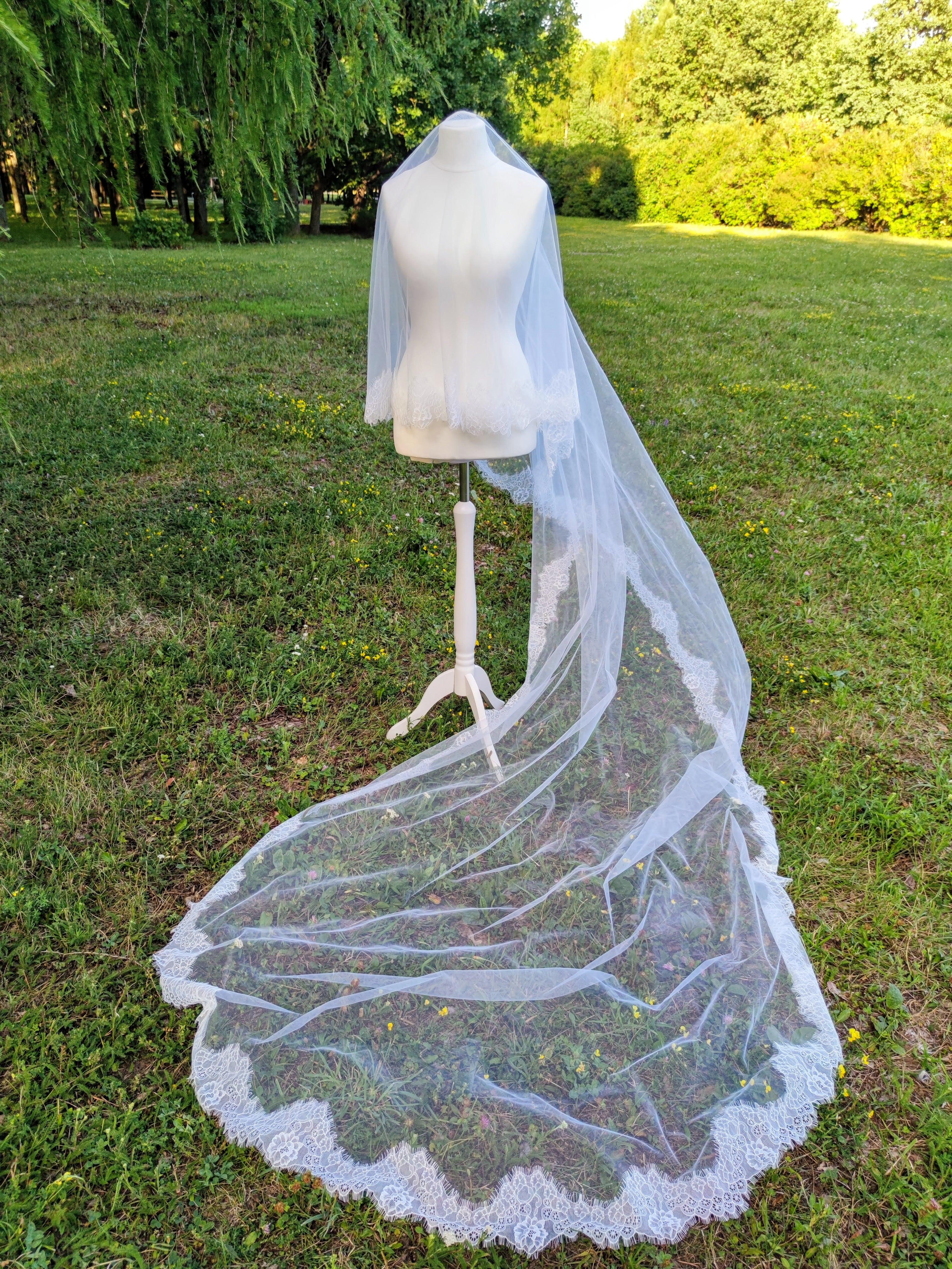 Chantilly lace Cathedral veil with blusher in light Ivory MarMaryDesign