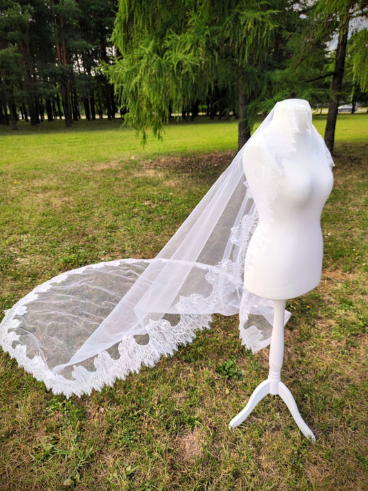 Cathedral-length Chantilly lace Mantilla wedding veil with lace trim on a mannequin in an outdoor setting