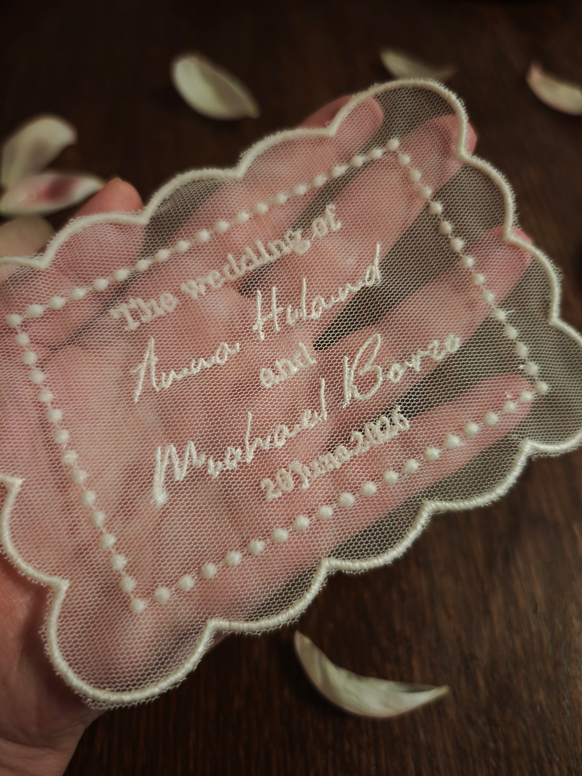 Ivory tulle bridal invitation with embroidery, custom names and wedding date, detail view
