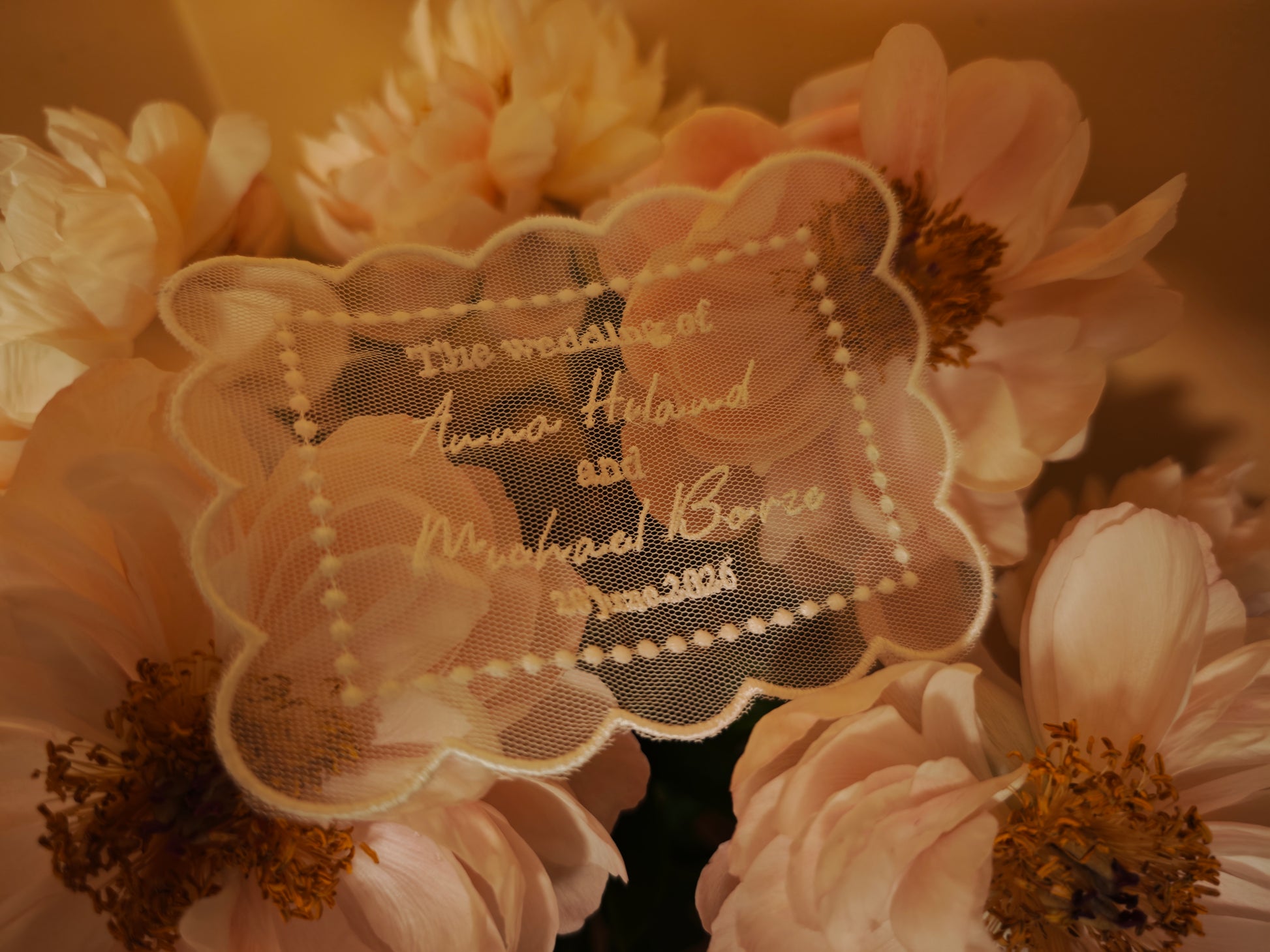 Embroidered tulle wedding invitation, personalized ivory textile invite, made to order