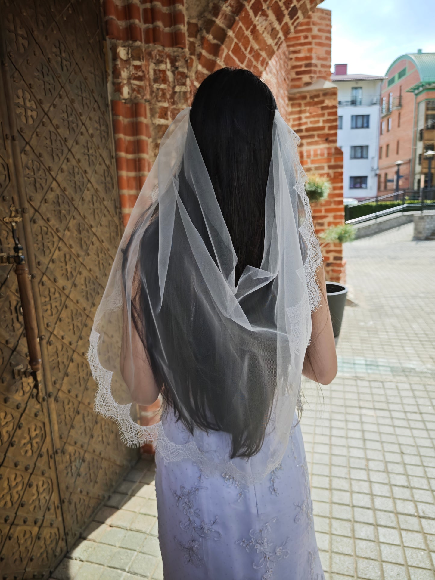The Daphne Veil – Greek Draped Chantilly Lace Wedding Veil, Single Tier, Ivory