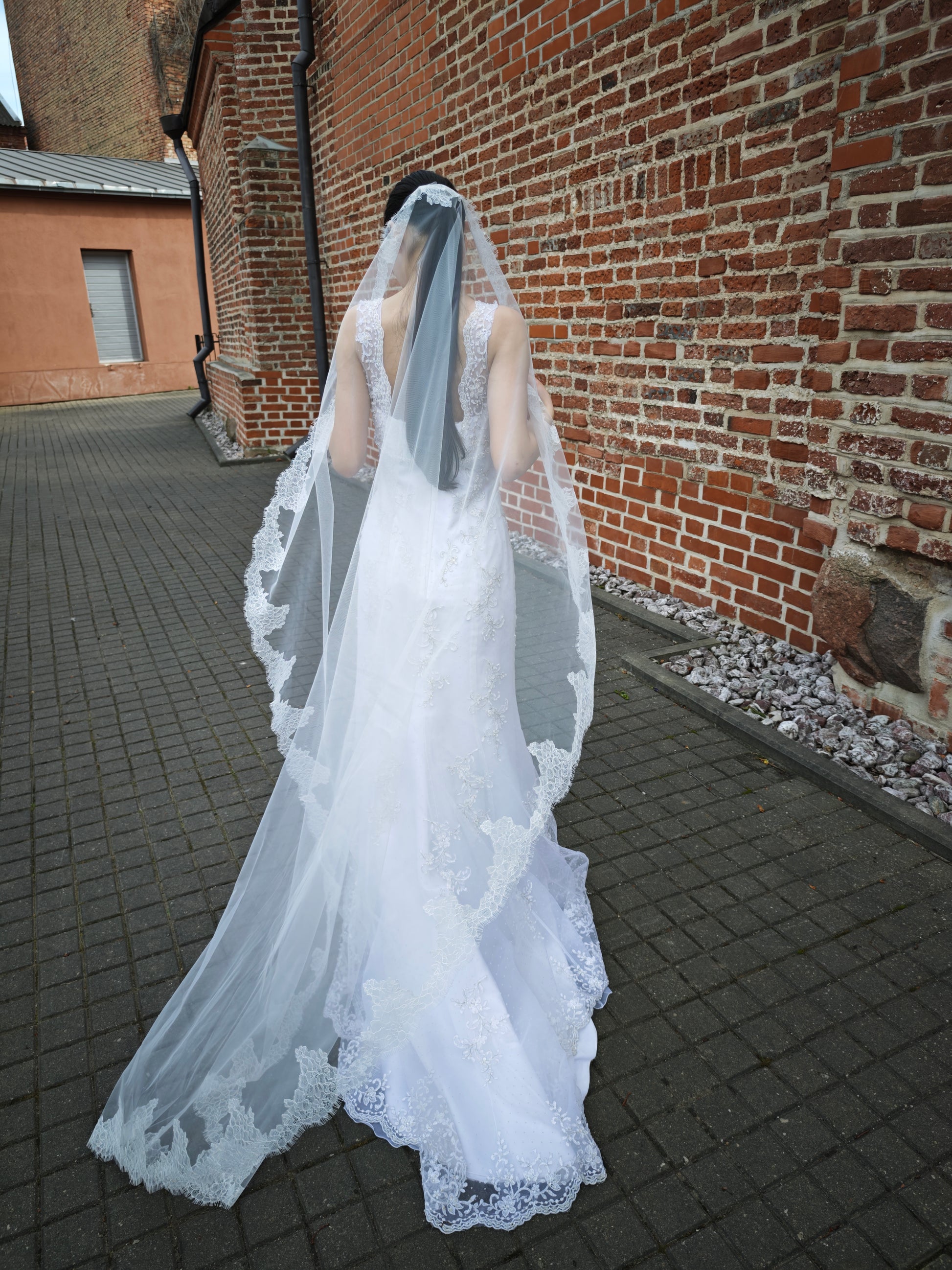 Full-length back view of the long light ivory mantilla veil with scalloped floral Chantilly lace edge over a fitted lace gown