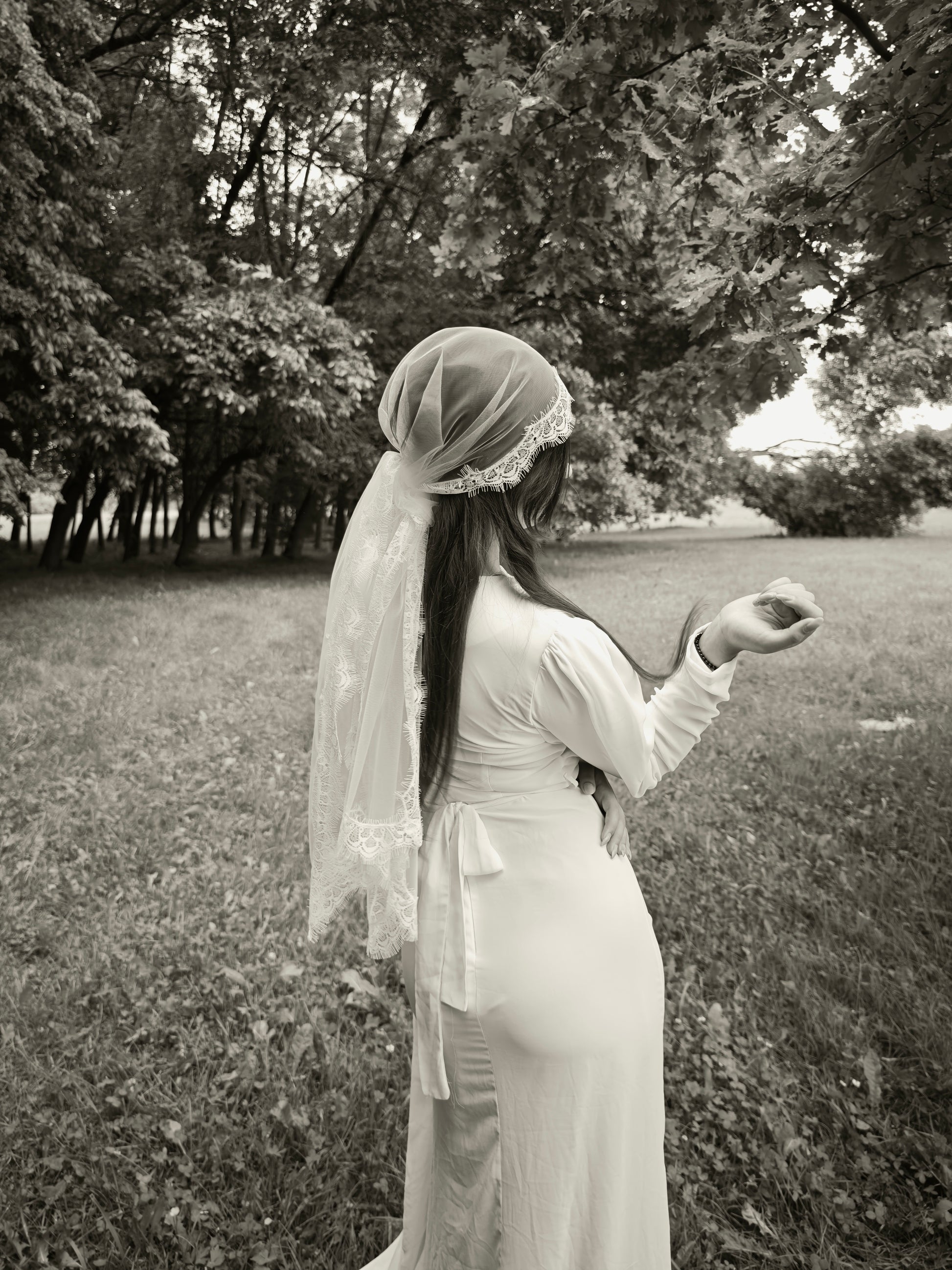Ivory bandana veil with Chantilly lace edge, tied at the back of the head in boho bridal style