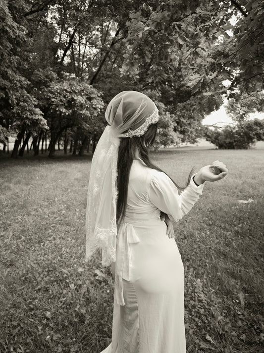 Ivory bandana veil with Chantilly lace edge, tied at the back of the head in boho bridal style
