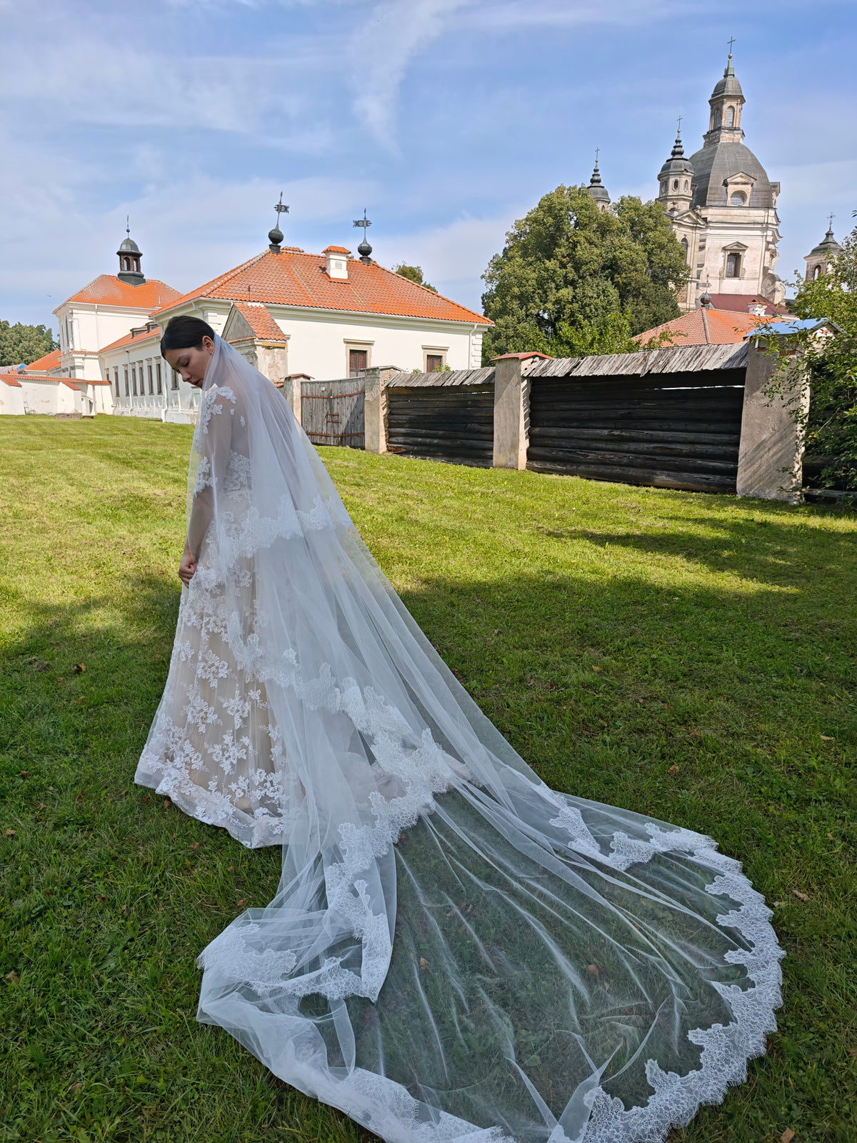 The Céleste Veil with Blusher – Extra Wide Two-Tier Cathedral Veil, Chantilly Lace, Ivory