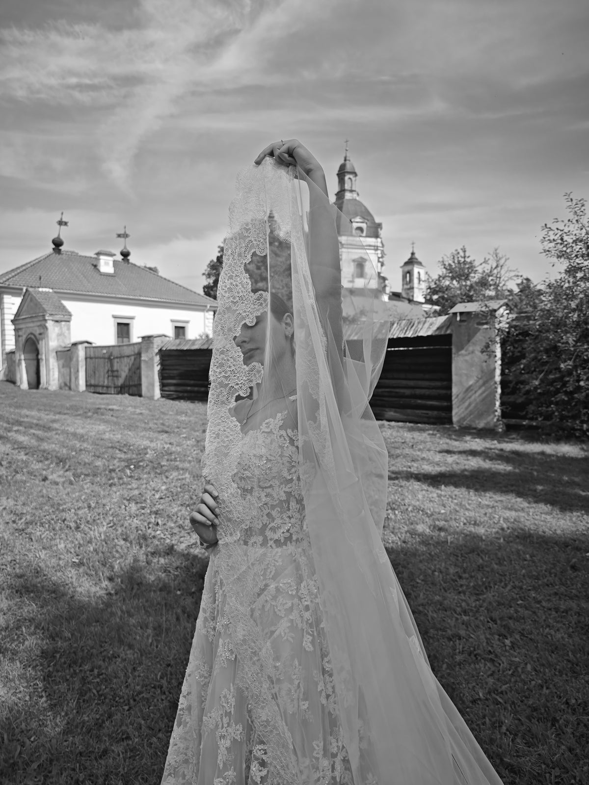 The Céleste Veil with Blusher – Extra Wide Two-Tier Cathedral Veil, Chantilly Lace, Ivory