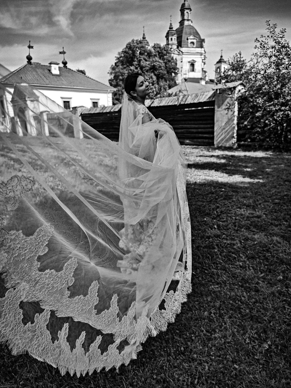The Céleste Veil with Blusher – Extra Wide Two-Tier Cathedral Veil, Chantilly Lace, Ivory