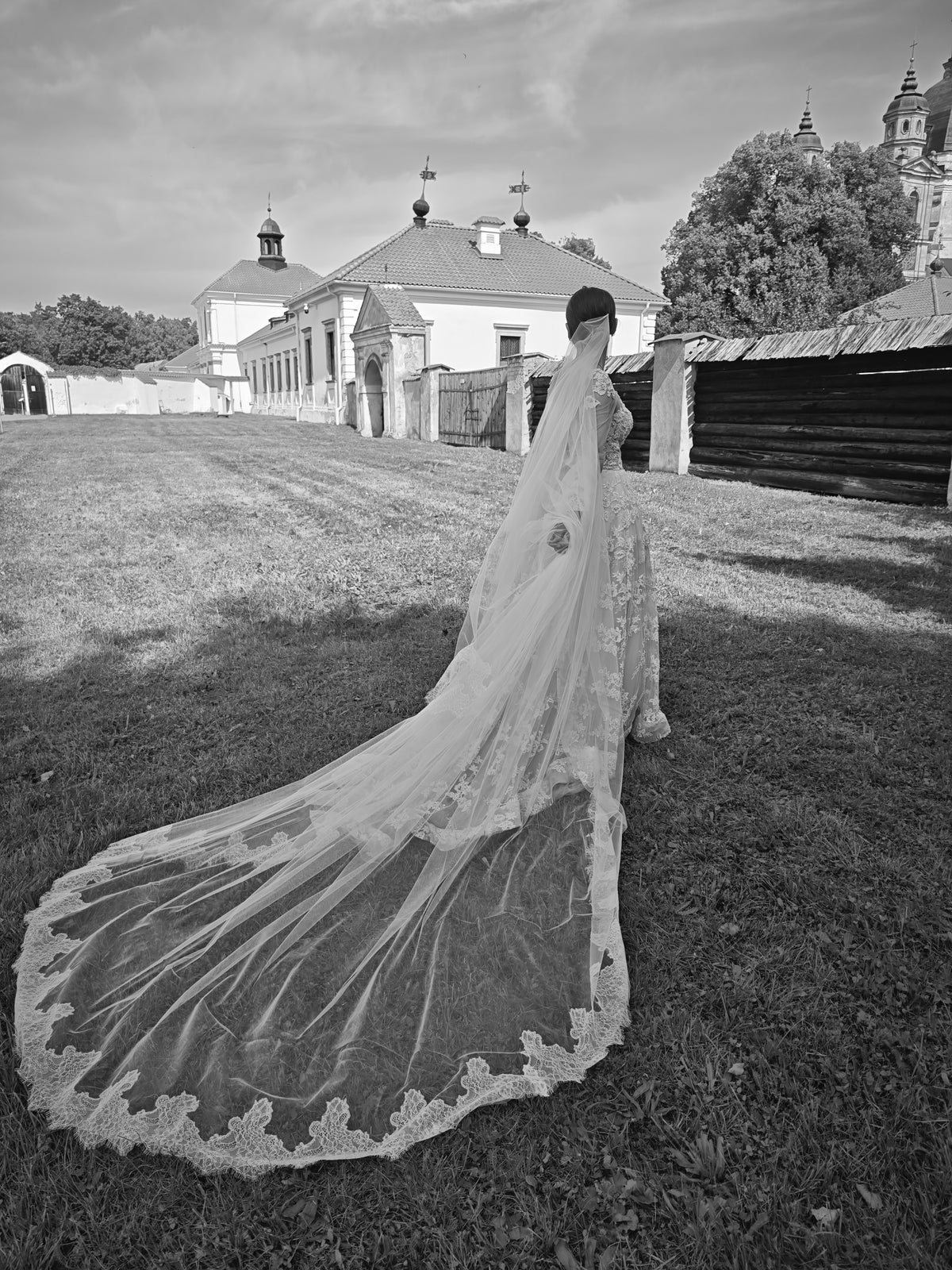 The Céleste Veil with Blusher – Extra Wide Two-Tier Cathedral Veil, Chantilly Lace, Ivory