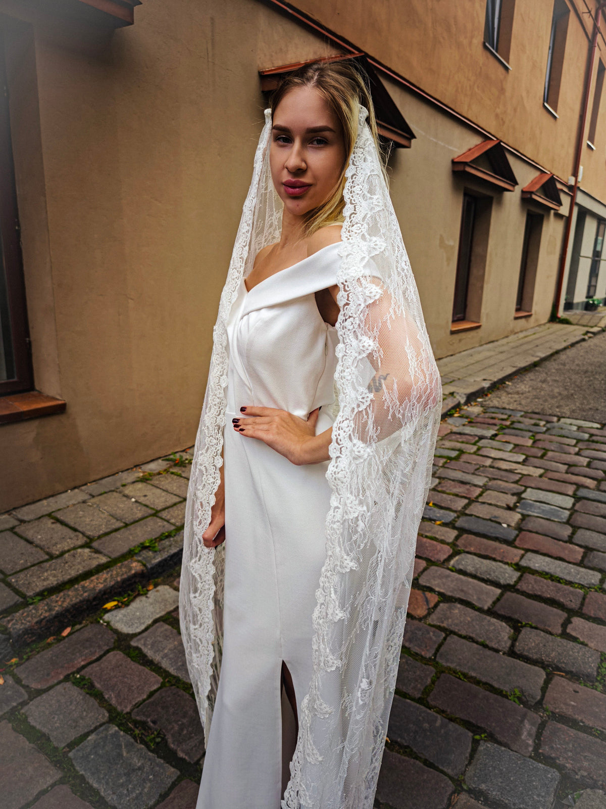 The Austėja Veil – Vintage Lace Draped Wedding Veil, Full Chantilly Lace, Ivory