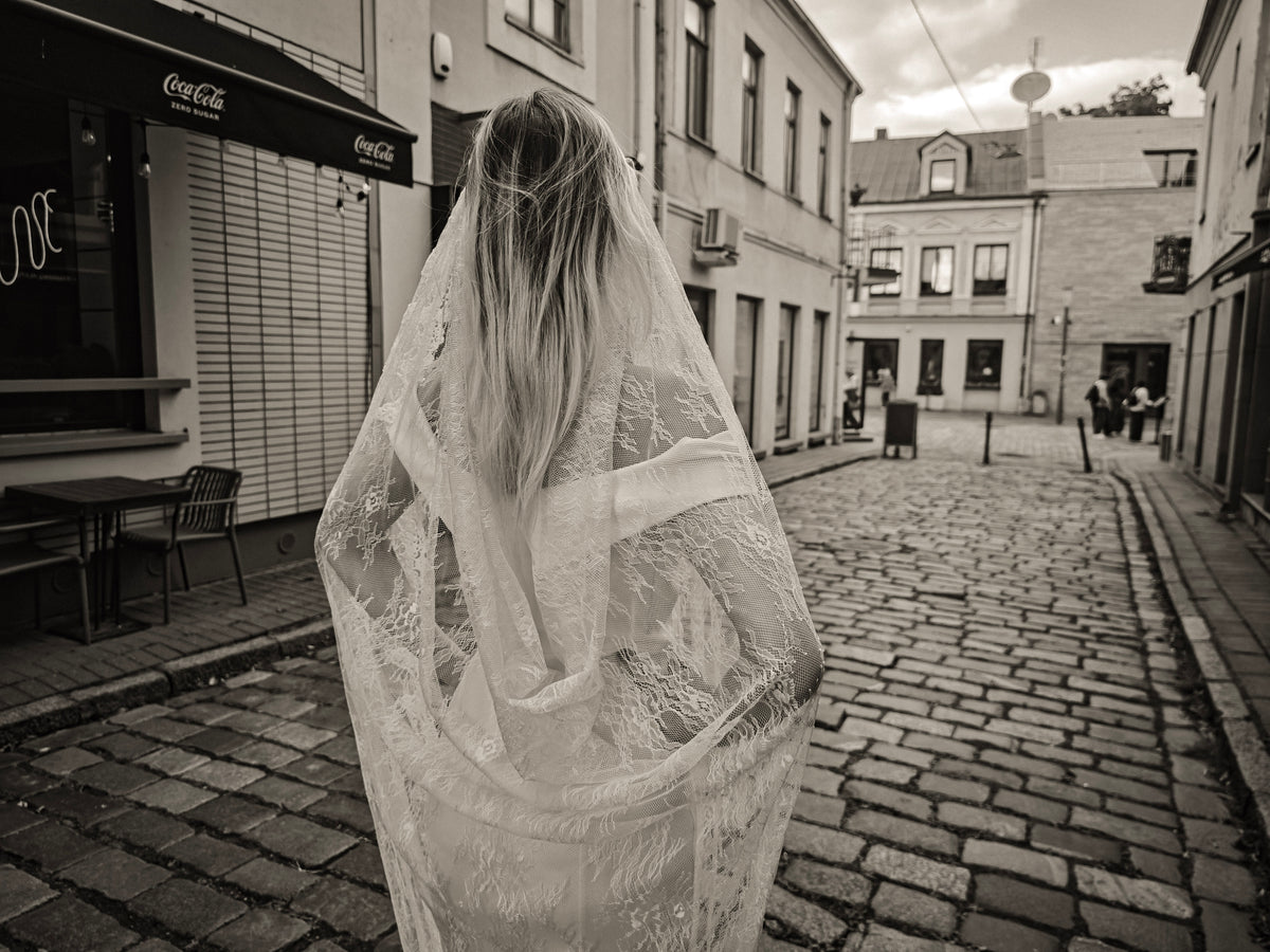The Austėja Veil – Vintage Lace Draped Wedding Veil, Full Chantilly Lace, Ivory