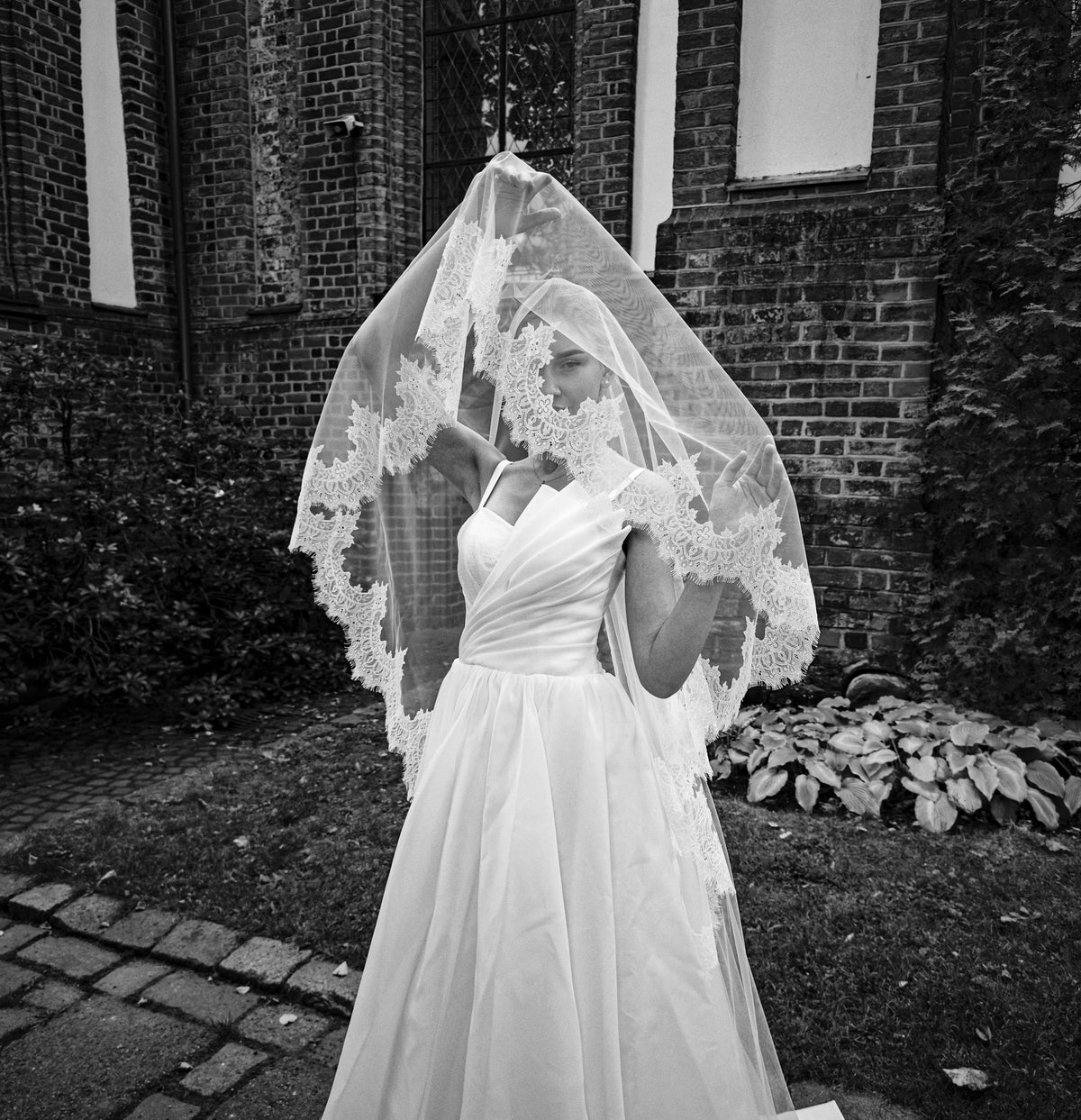 The Adèle Veil – Two-Tier Lace Cathedral Veil with Blusher, Chantilly Lace Edge, Fingertip to Royal, Ivory