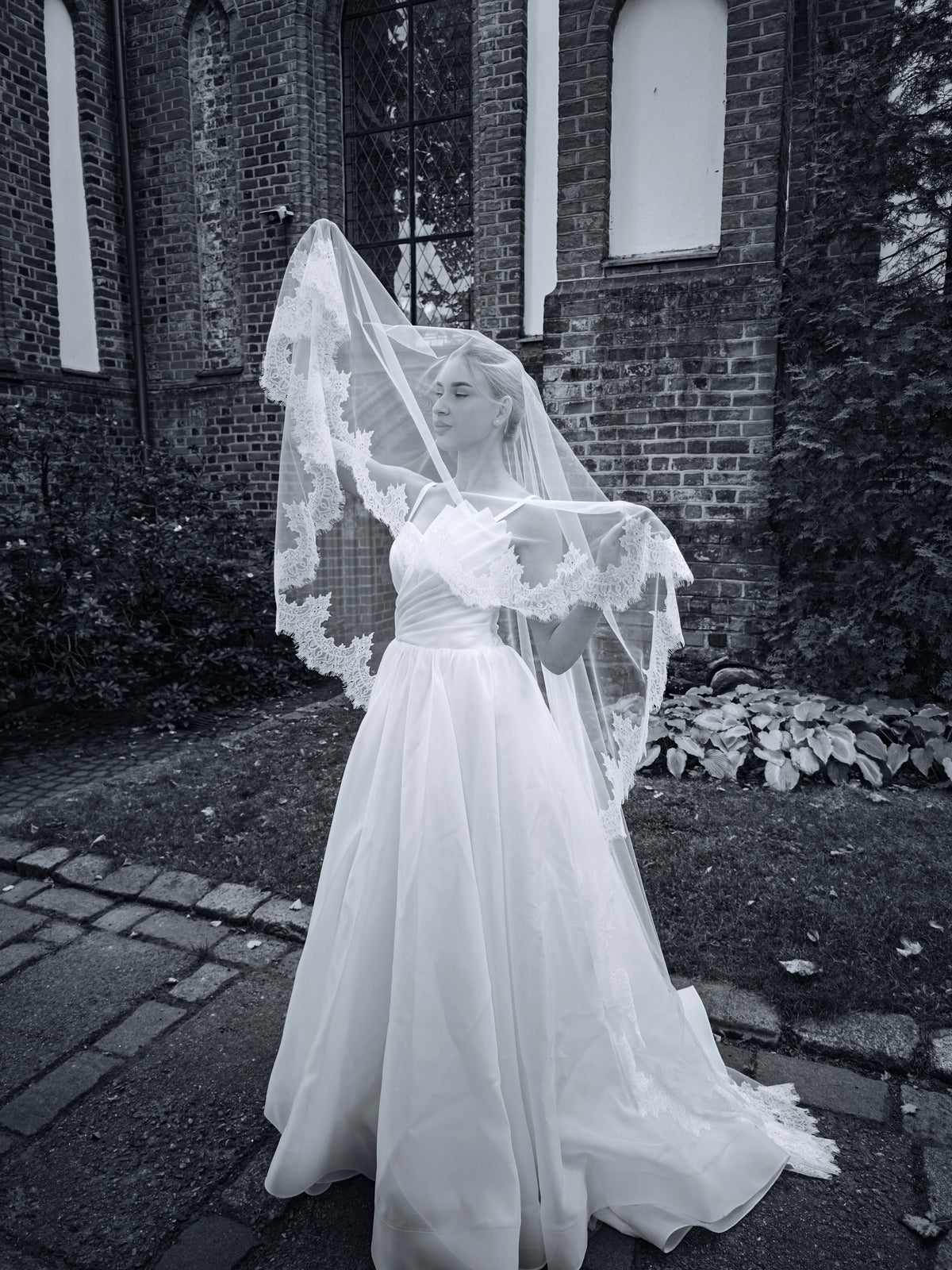 The Adèle Veil – Two-Tier Lace Cathedral Veil with Blusher, Chantilly Lace Edge, Fingertip to Royal, Ivory
