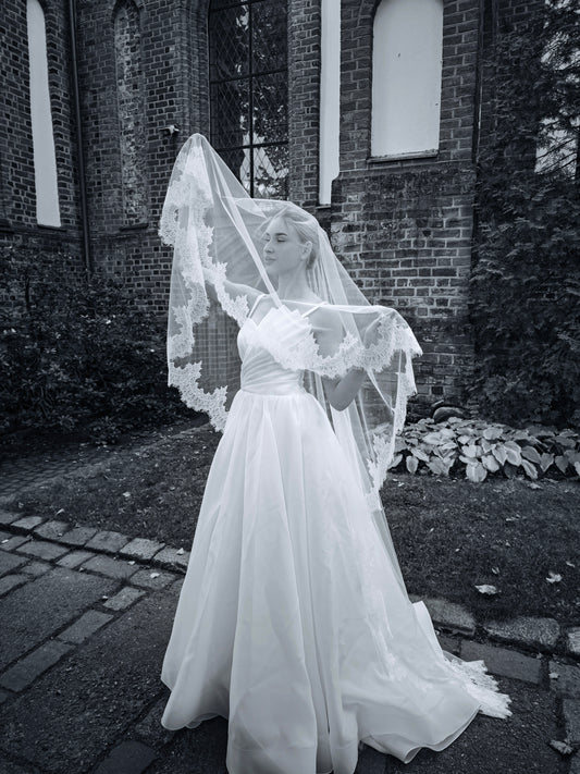 The Adèle Veil – Two-Tier Lace Cathedral Veil with Blusher, Chantilly Lace Edge, Fingertip to Royal, Ivory