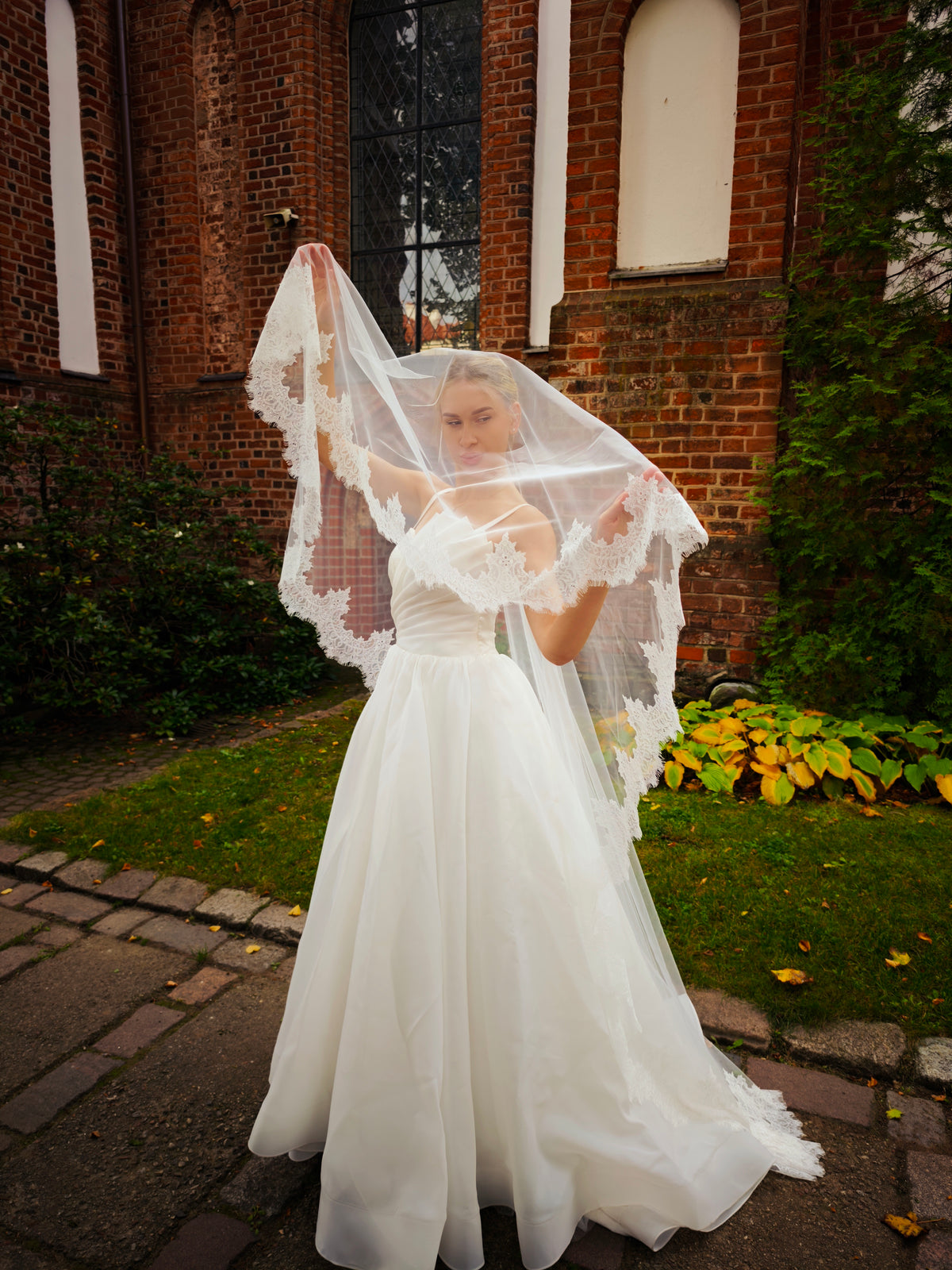 The Adèle Veil – Two-Tier Lace Cathedral Veil with Blusher, Chantilly Lace Edge, Fingertip to Royal, Ivory