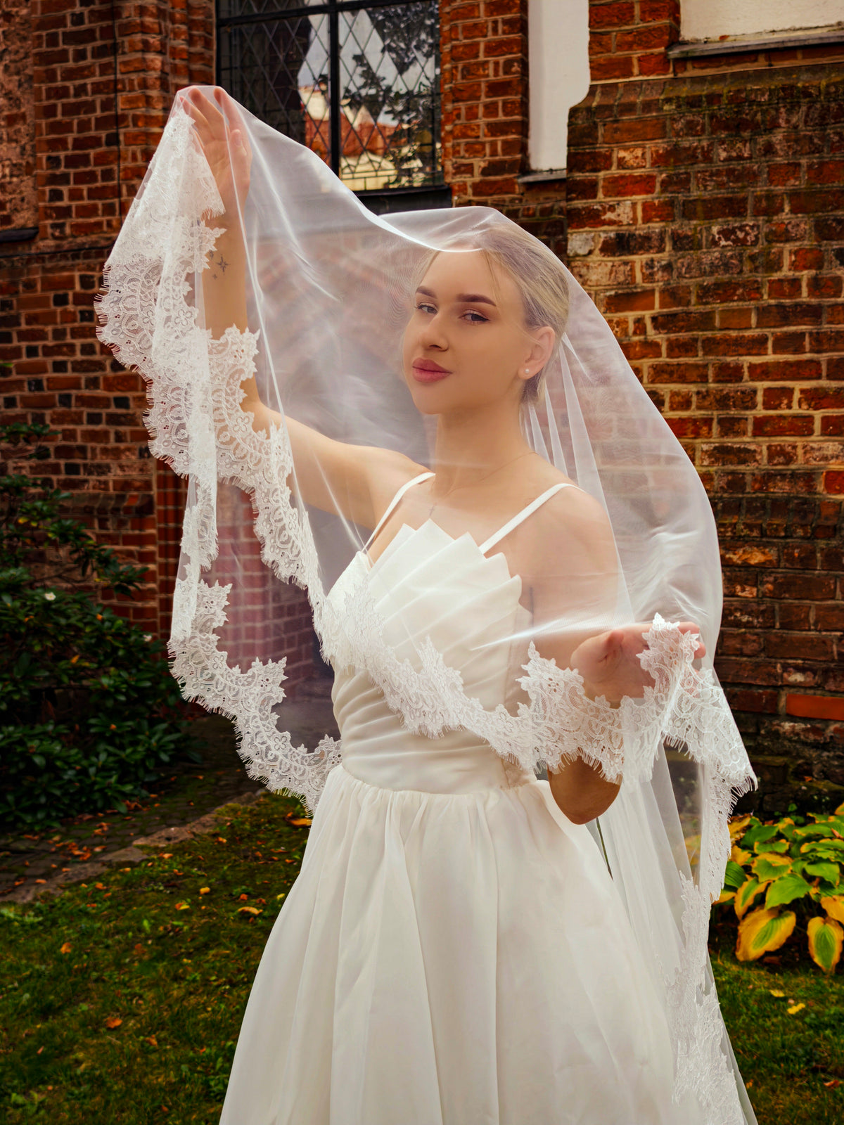 The Adèle Veil – Two-Tier Lace Cathedral Veil with Blusher, Chantilly Lace Edge, Fingertip to Royal, Ivory