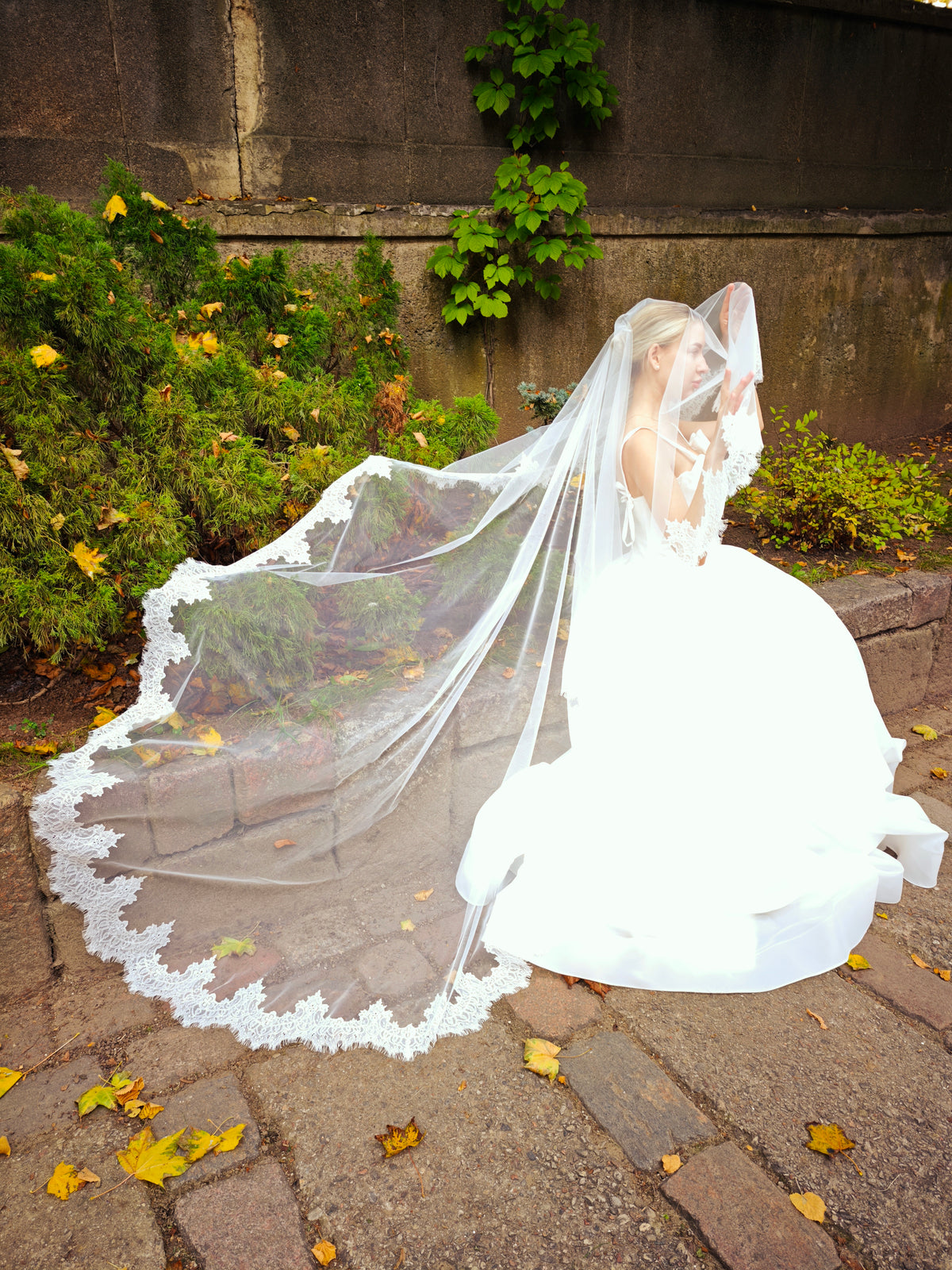 The Adèle Veil – Two-Tier Lace Cathedral Veil with Blusher, Chantilly Lace Edge, Fingertip to Royal, Ivory