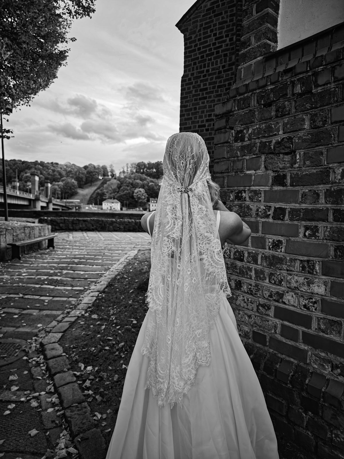 Lace Juliet cap veil falling down the back of a bridal gown, black and white photo, Chantilly lace pattern
