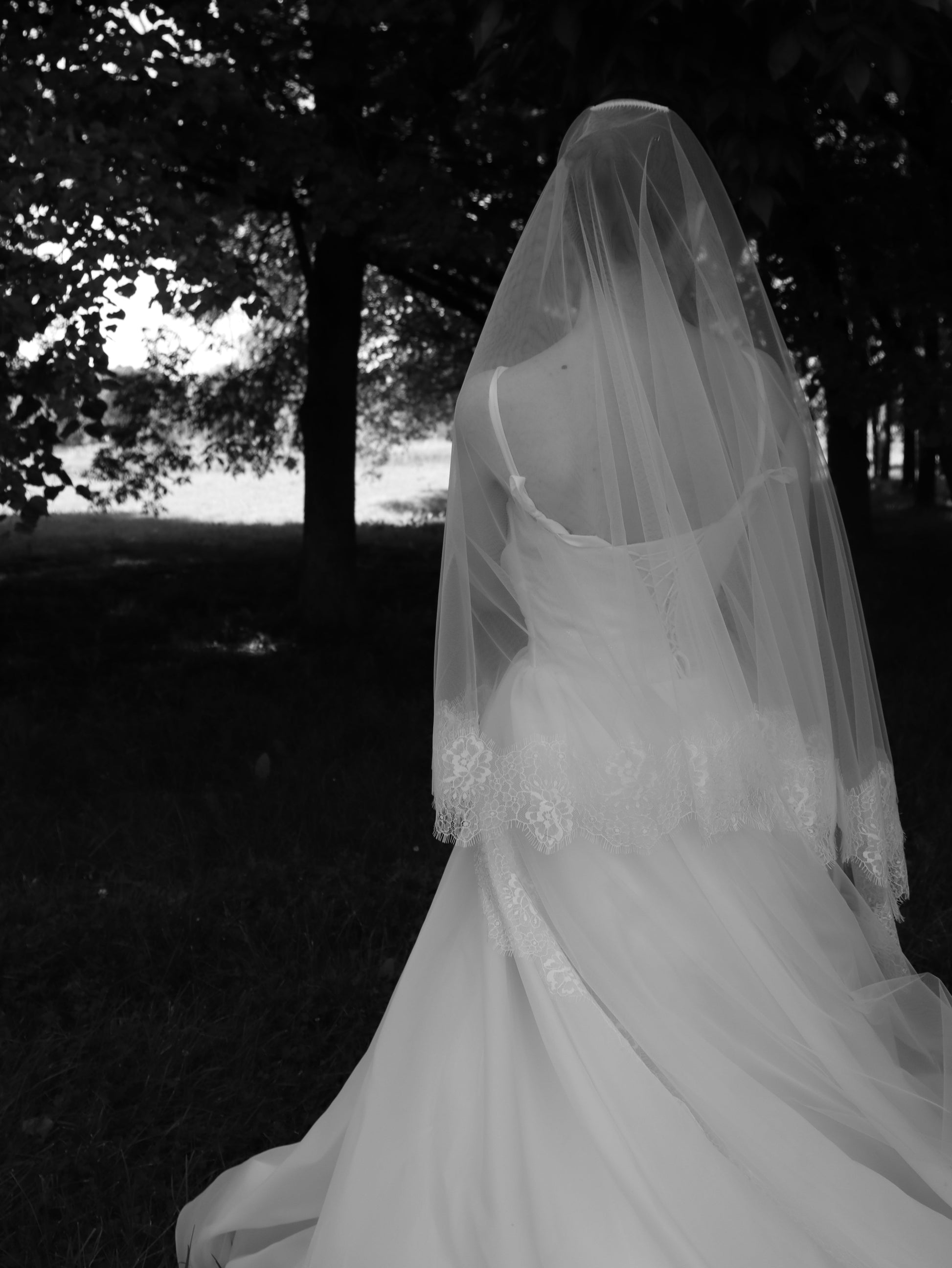Soft ivory tulle veil with floral lace edge draped over the head and shoulders, romantic forest bridal portrait