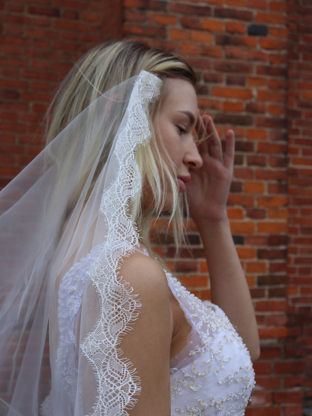 The Daphne Veil – Greek Draped Chantilly Lace Wedding Veil, Single Tier, Ivory