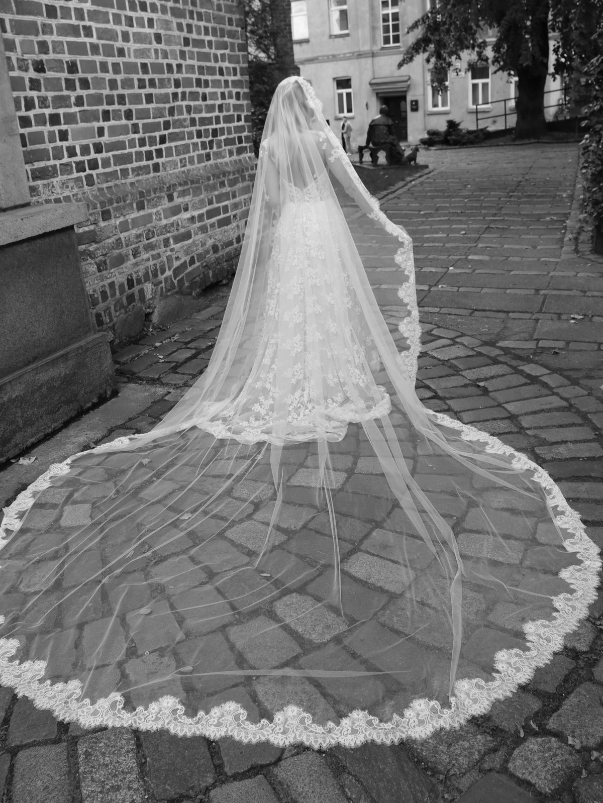 The Rosalinda Veil – Wide Lace Mantilla Veil, Floral Chantilly Lace Edge, Waist to Royal, Ivory