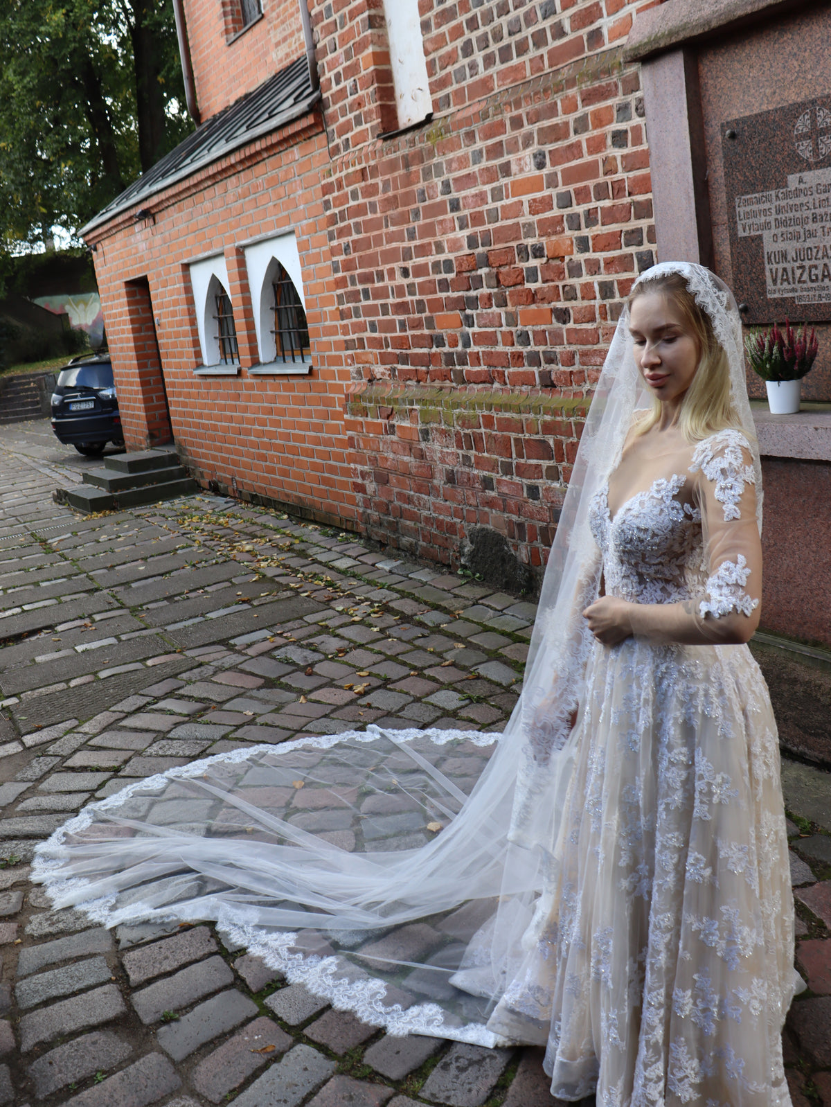 The Rosalinda Veil – Wide Lace Mantilla Veil, Floral Chantilly Lace Edge, Waist to Royal, Ivory