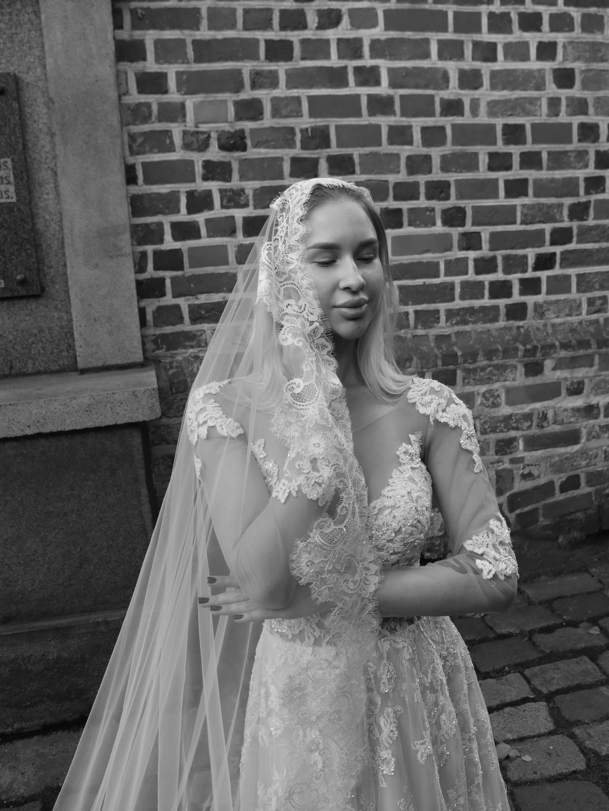 The Rosalinda Veil – Wide Lace Mantilla Veil, Floral Chantilly Lace Edge, Waist to Royal, Ivory