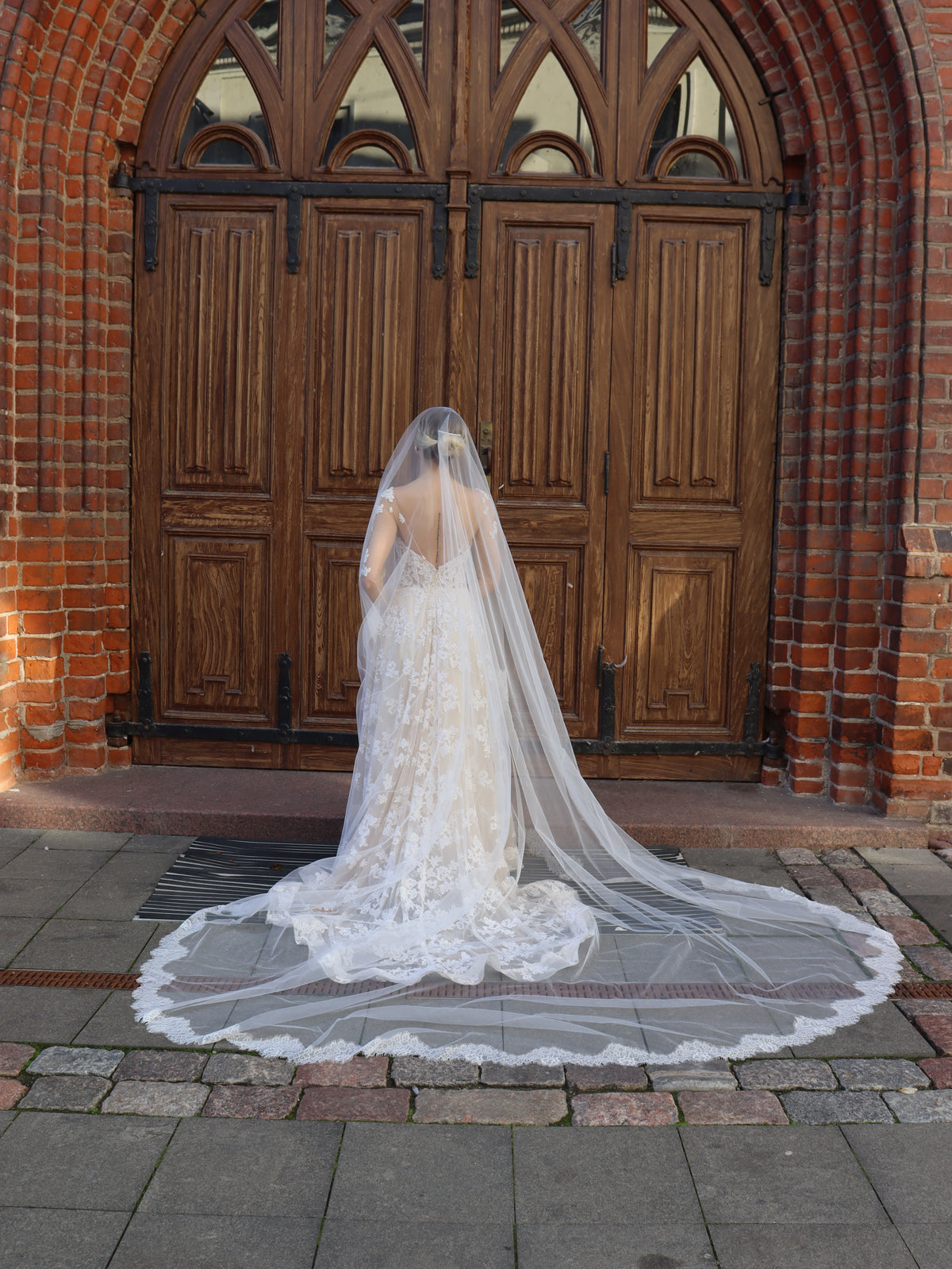 Blush lace wedding veil with floral lace edge, The Camelia Veil by Marmary Design