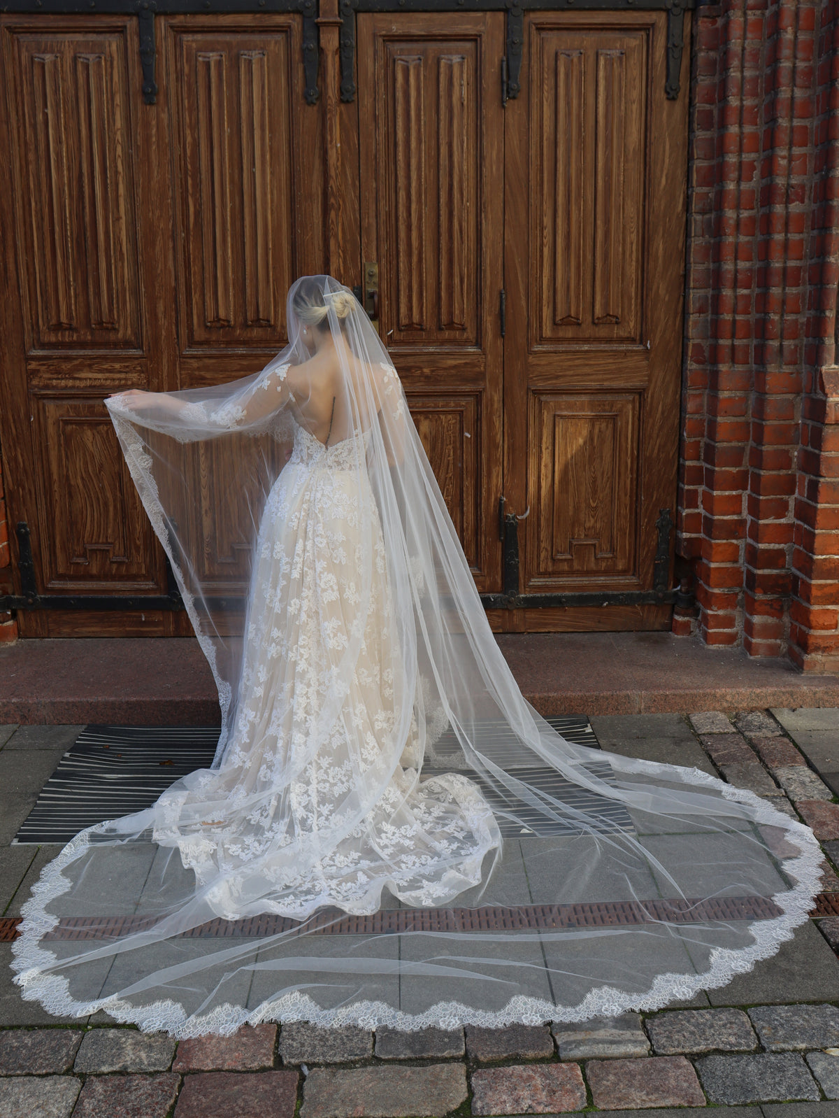 Wide blush bridal veil with blusher, fingertip to royal lengths, The Camelia Veil