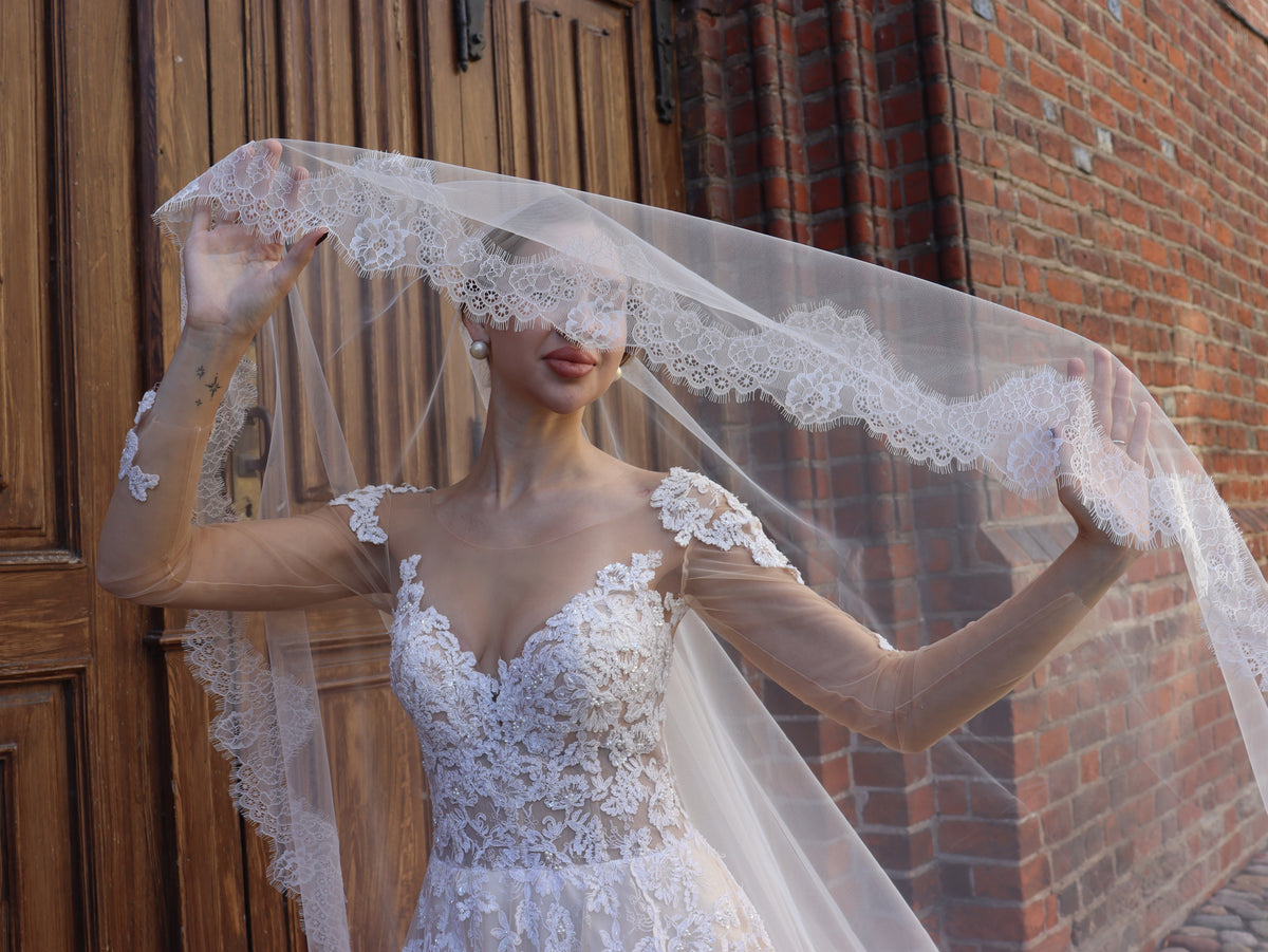 Extra wide blush wedding veil with blusher and floral lace, The Camelia Veil