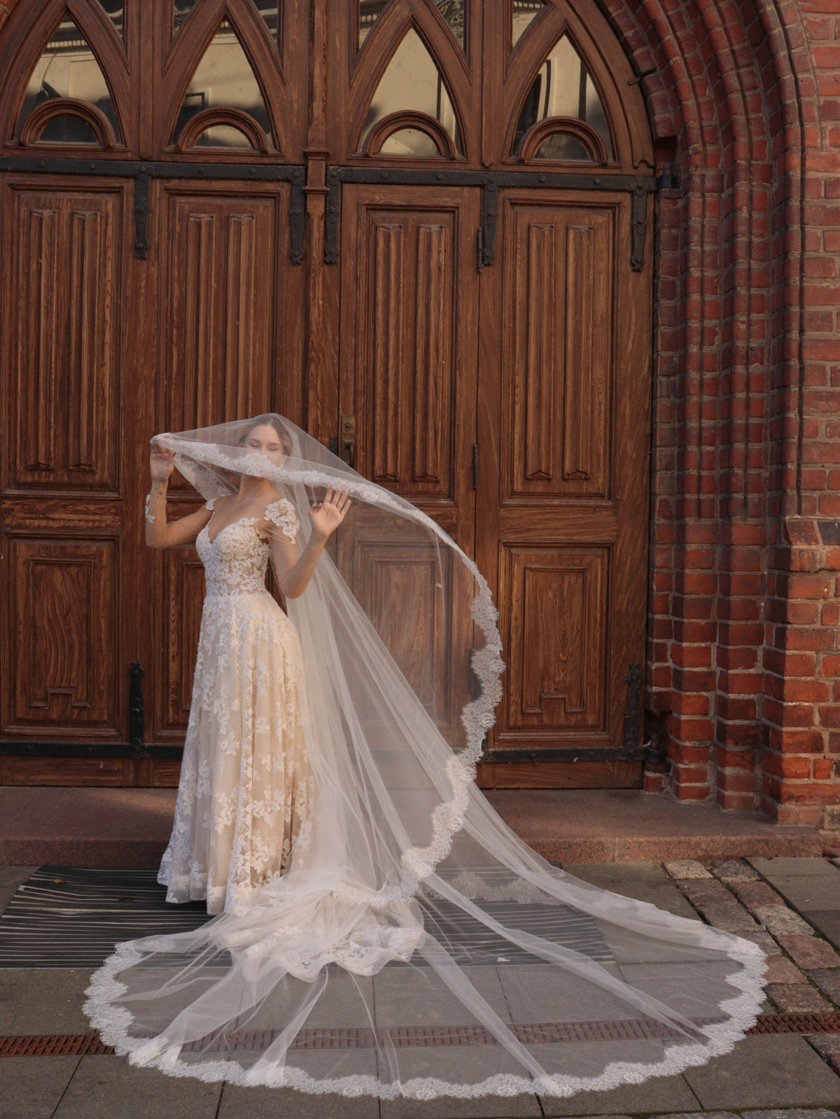 Extra wide blush veil with floral lace, handcrafted wedding veil by Marmary Design