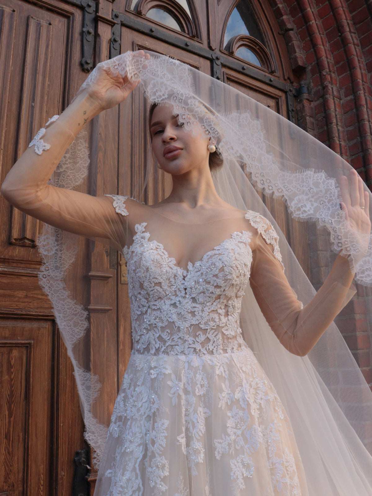The Camelia Veil, extra wide blush wedding veil with blusher and floral lace