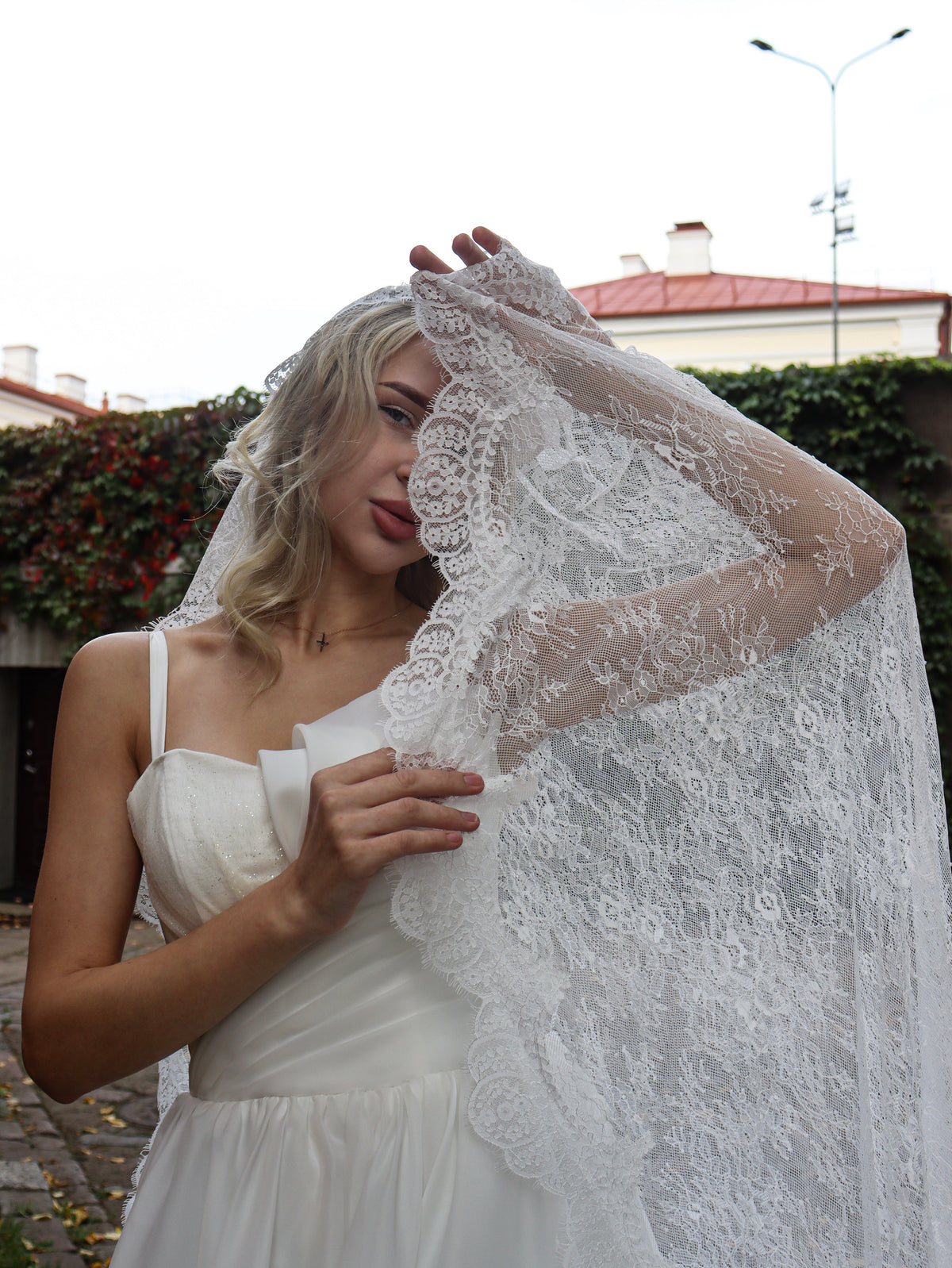 The Soleil Veil – Handcrafted Full Lace Chantilly Mantilla Veil, Ivory