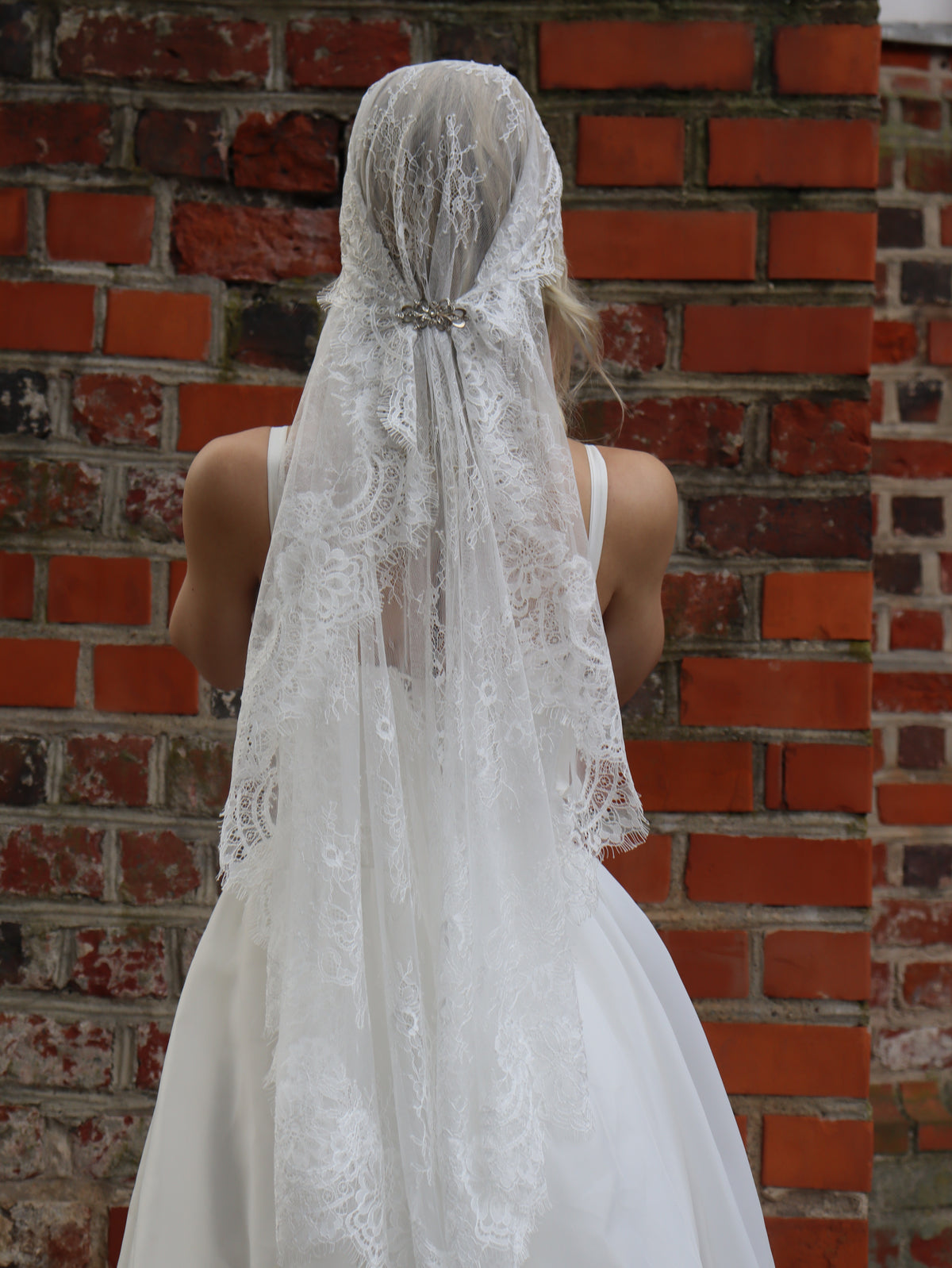 The Gabija Veil – Full Lace Juliet Cap Veil with Chantilly Lace Edge, Long Bridal Veil, Ivory