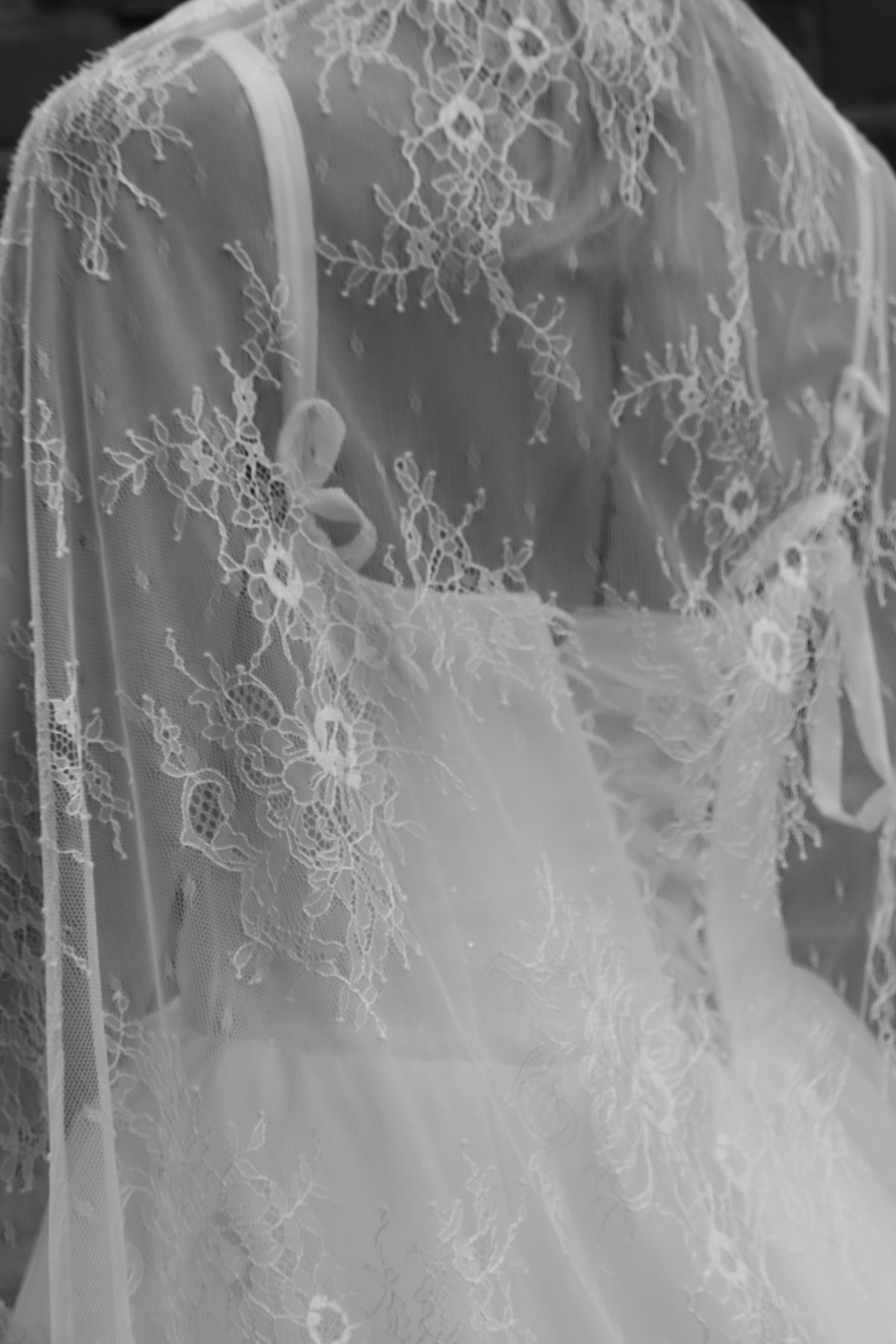The Gabija Veil – Full Lace Juliet Cap Veil with Chantilly Lace Edge, Long Bridal Veil, Ivory