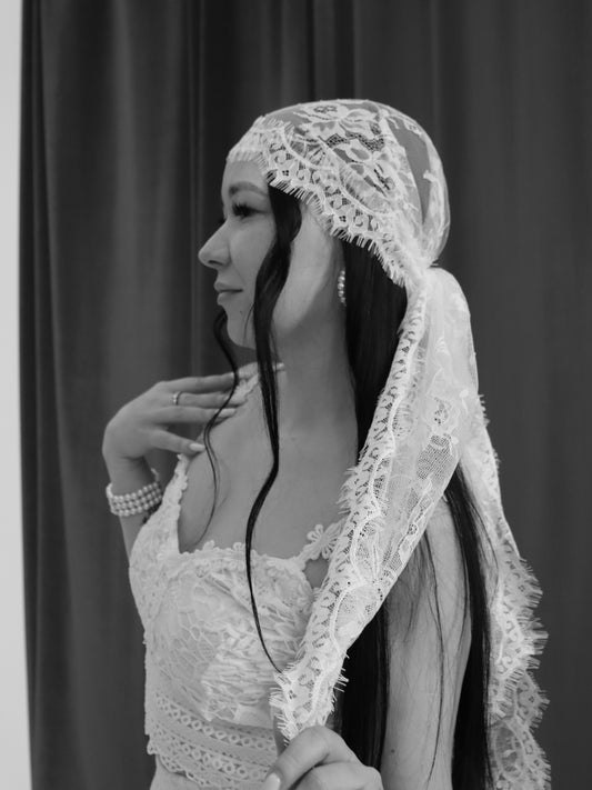 The Marisol Chantilly lace bandana veil in ivory, boho kerchief bridal head scarf tied at the back