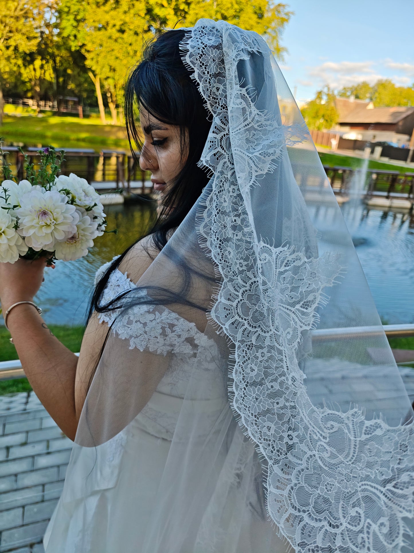 Ivory Chantilly lace mantilla wedding veil, handmade French lace, back view