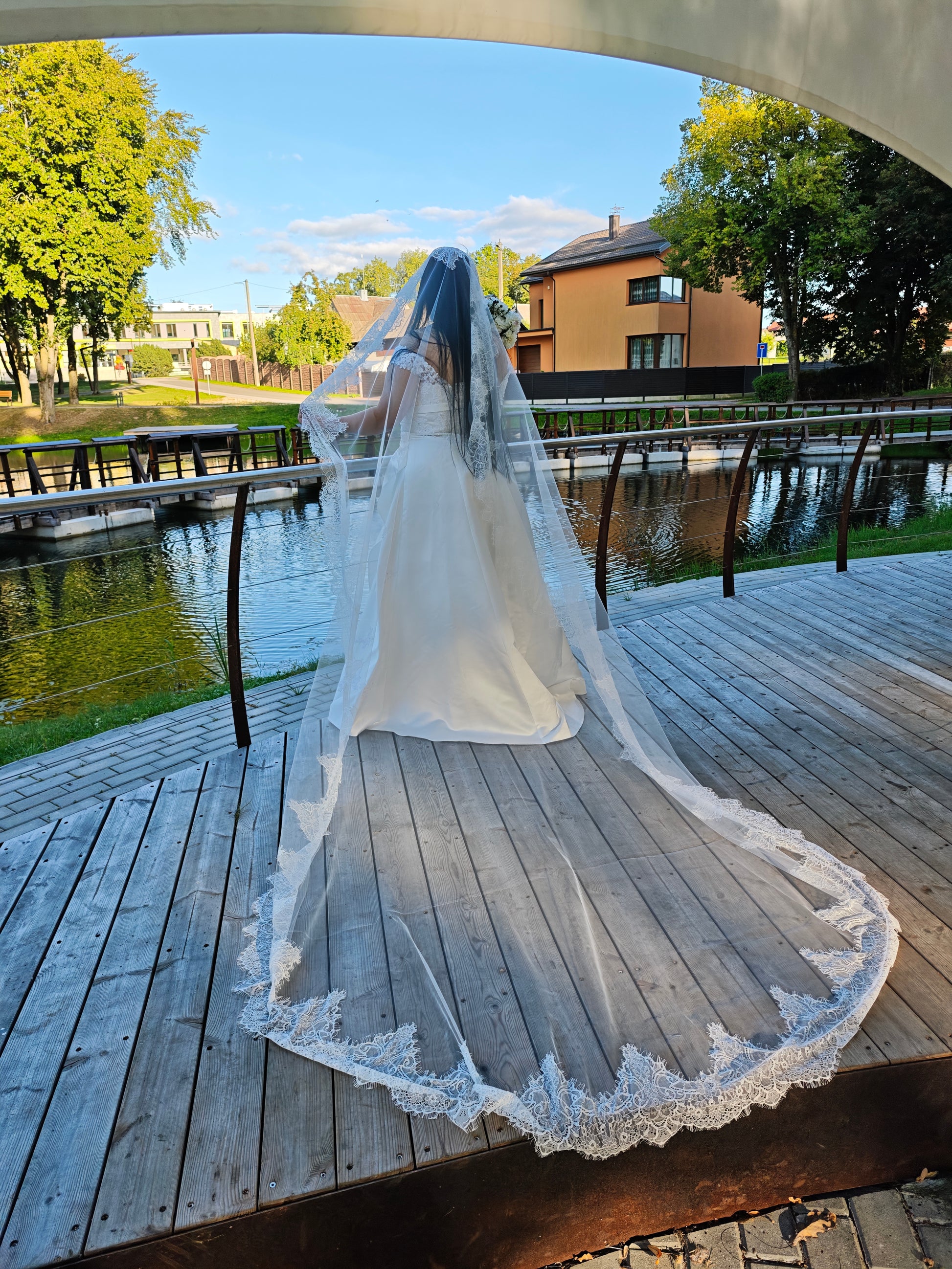 French Chantilly lace mantilla bridal veil, light ivory, flowing full length