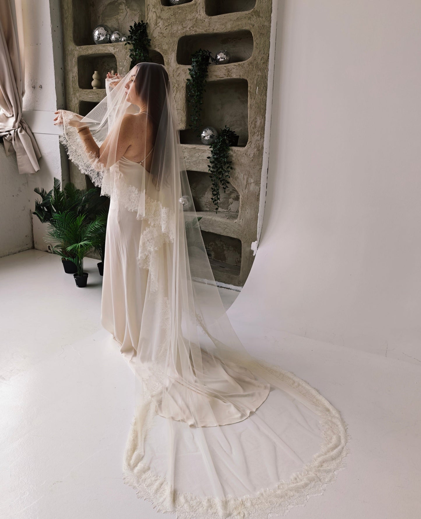 Chantilly Lace Wedding Veil with Blusher in Ivory