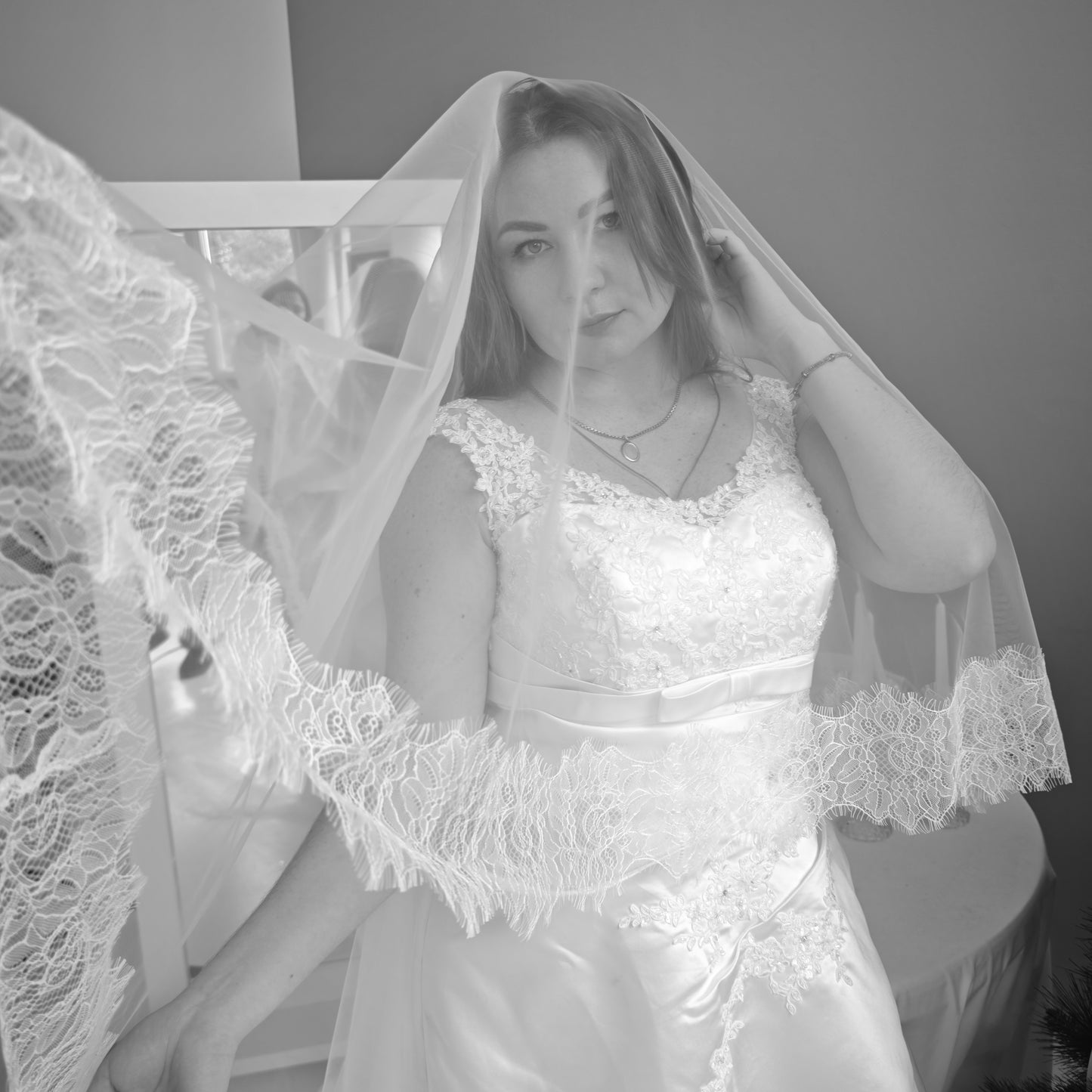 Chantilly Lace Wedding Veil with Blusher in Ivory