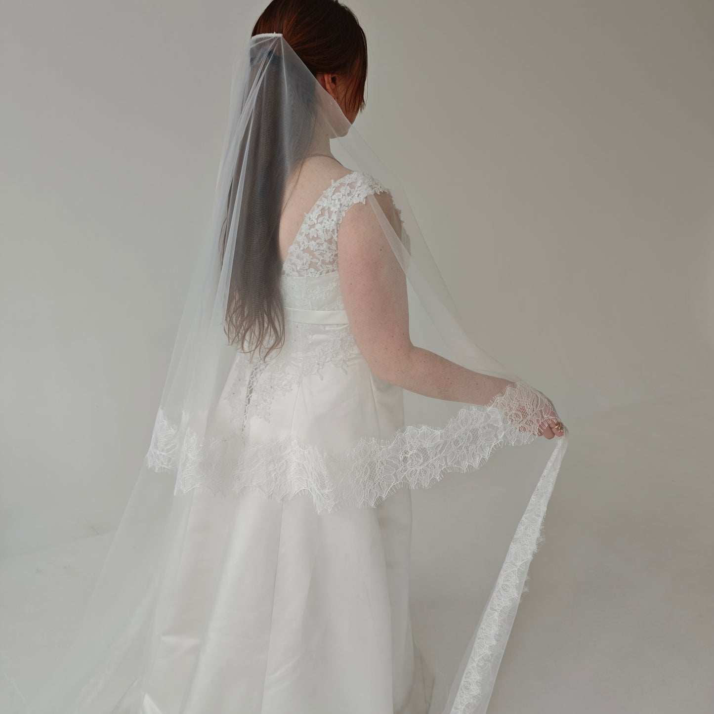 Chantilly Lace Wedding Veil with Blusher in Ivory