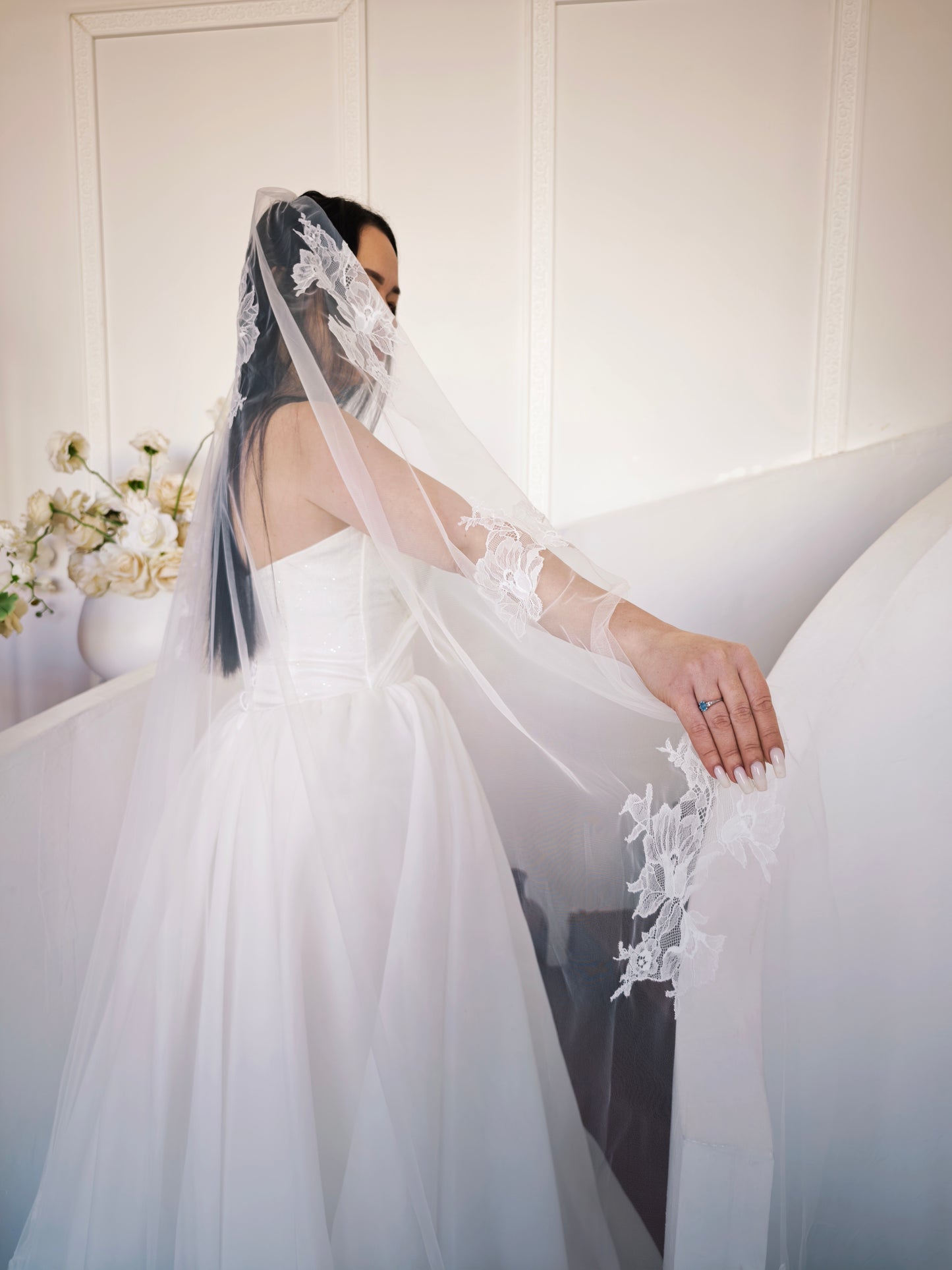 Heirloom Chantilly Lace Veil with Hand-Sewn Floral Appliques